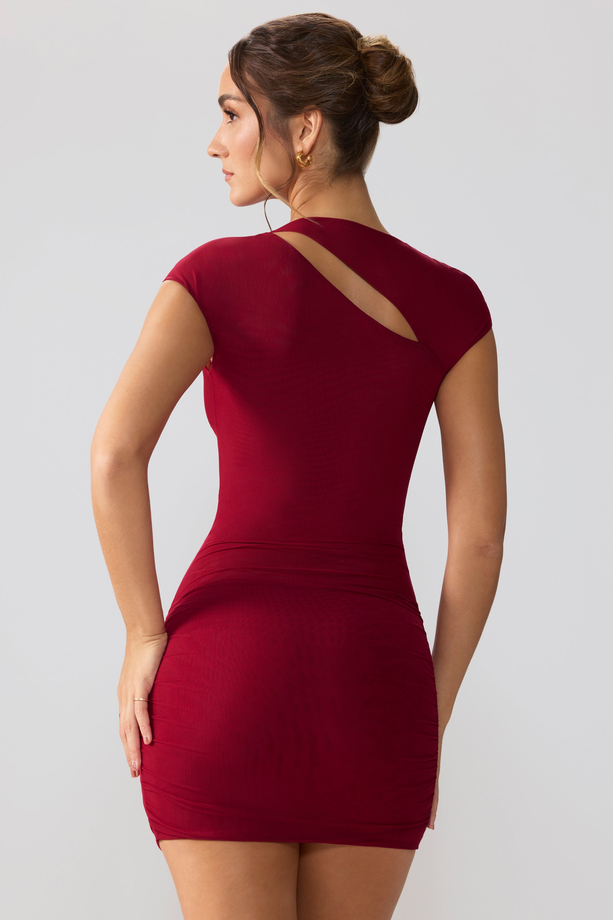 Aurelia Mesh Cap Sleeve Cut Out Mini Dress in Ruby - Image 2