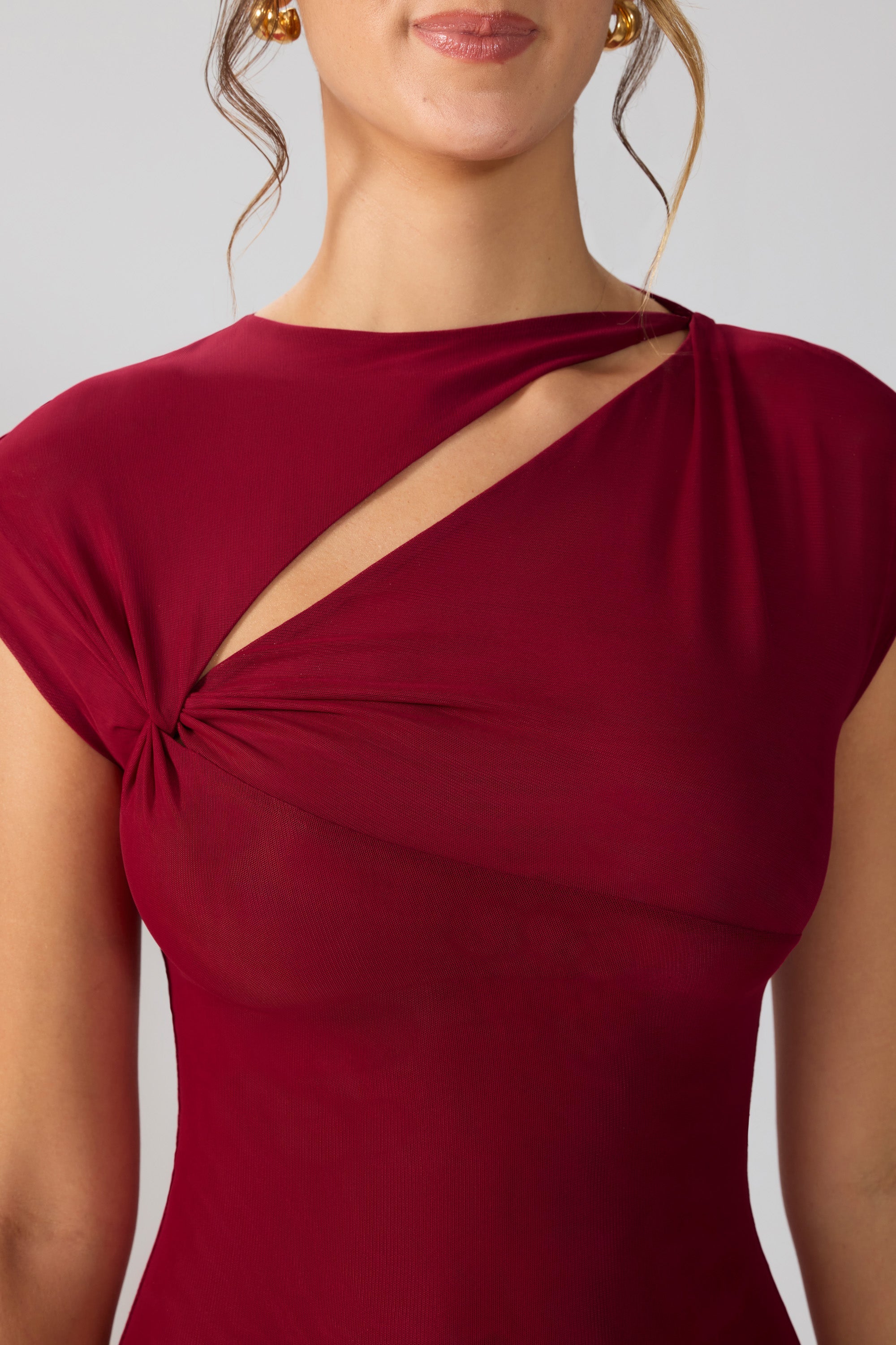 Aurelia Mesh Cap Sleeve Cut Out Mini Dress in Ruby - Image 5