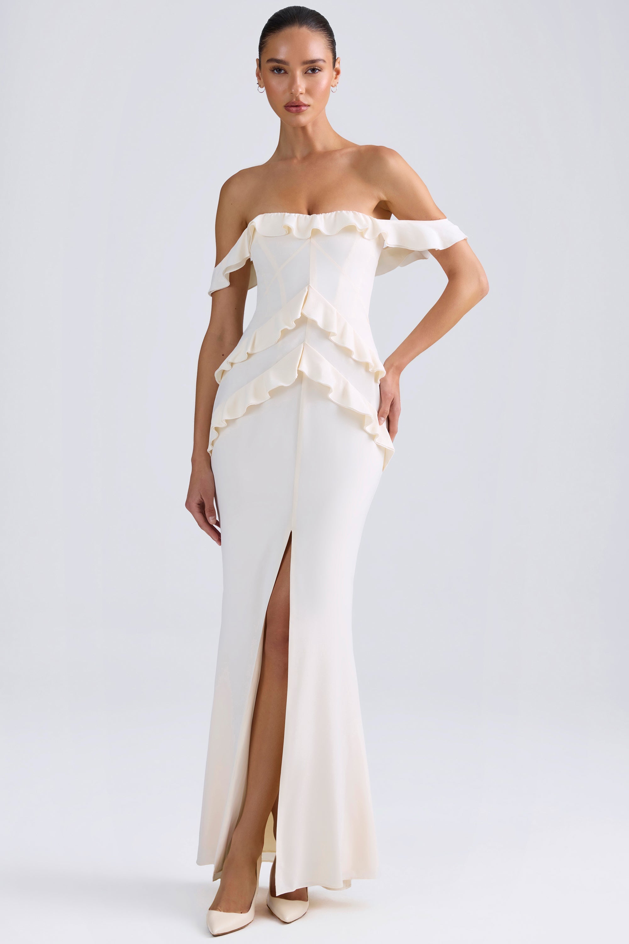 Hemera Off-Shoulder Ruffle-Trim Gown in Ivory - Image 4