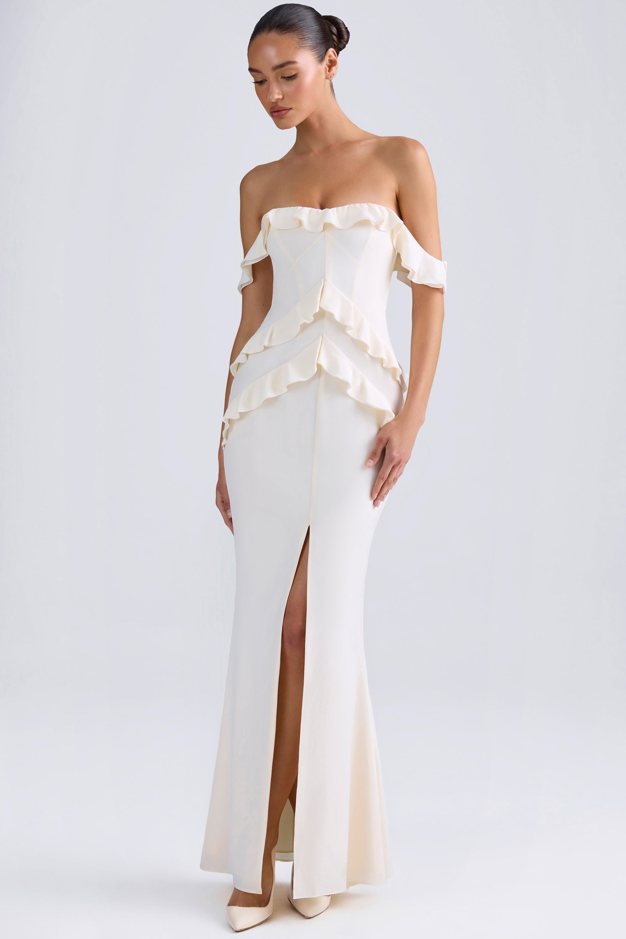 Hemera Off-Shoulder Ruffle-Trim Gown in Ivory - Image 5