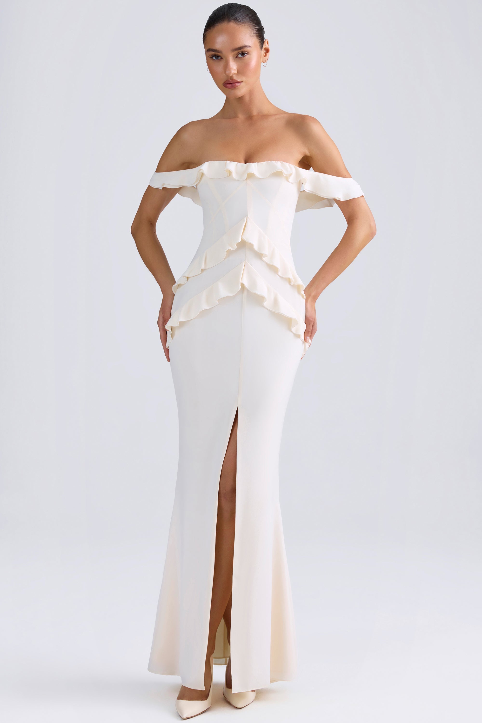 Hemera Off-Shoulder Ruffle-Trim Gown in Ivory - Image 6