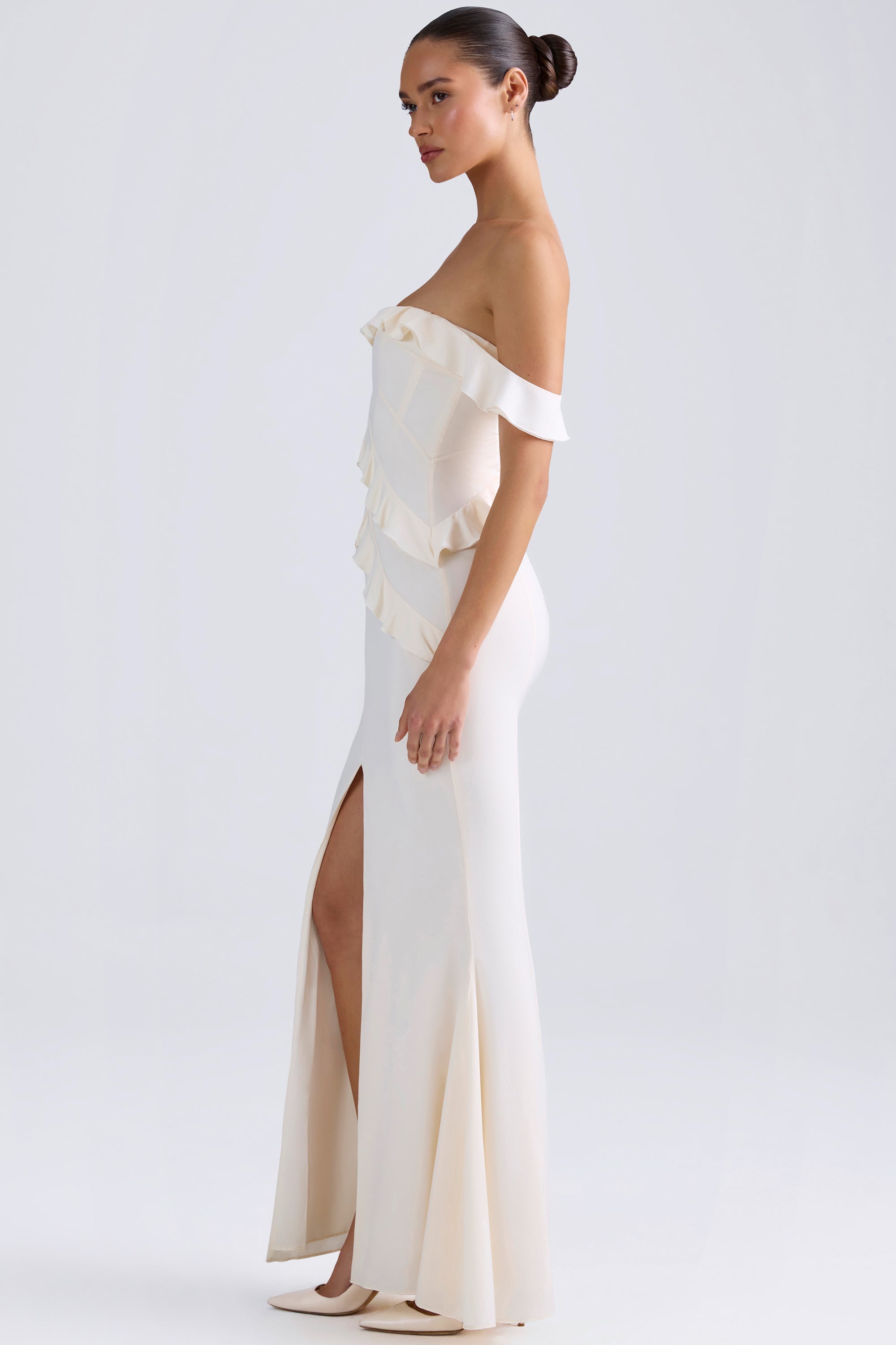 Hemera Off-Shoulder Ruffle-Trim Gown in Ivory - Image 3