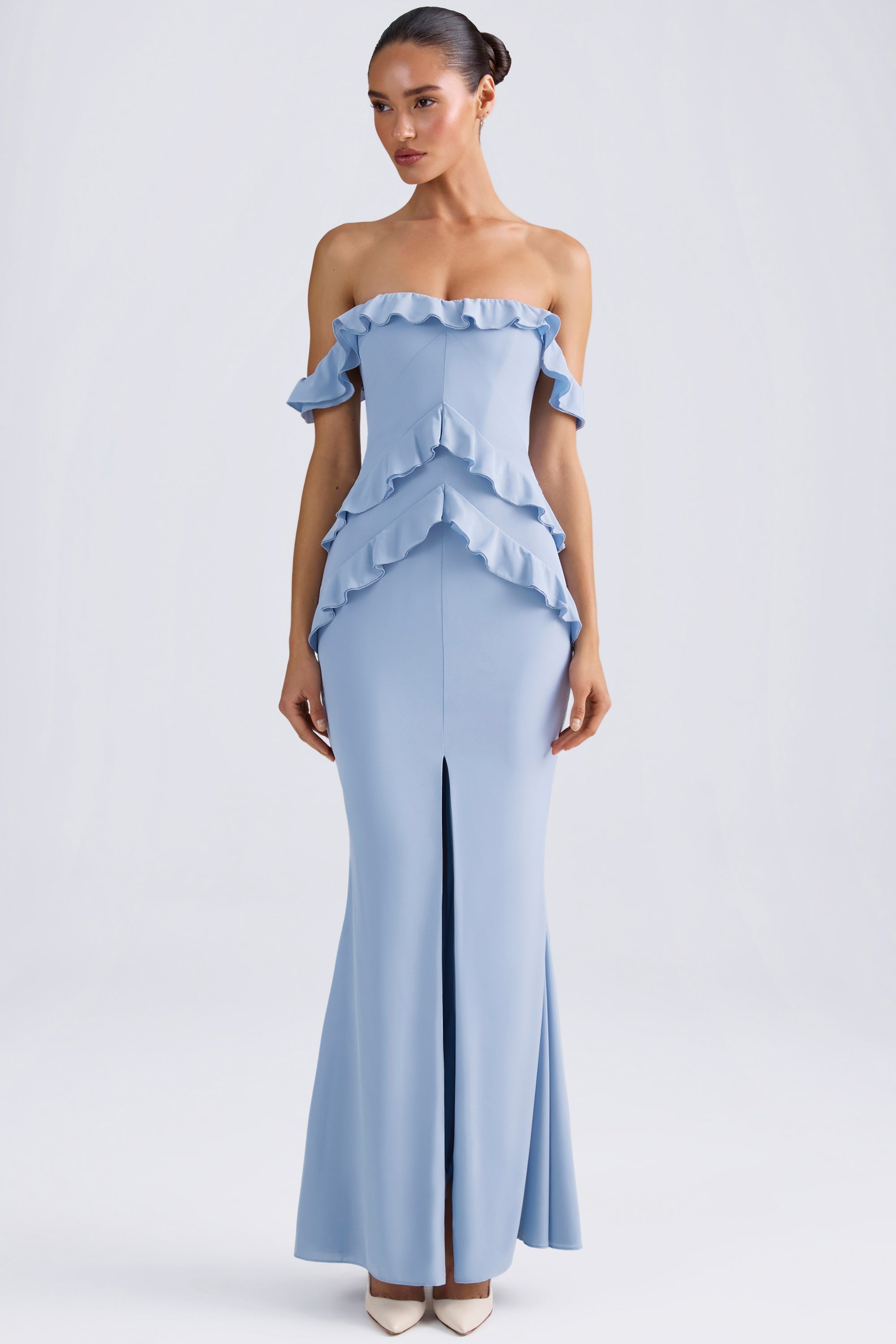 Hemera Off-Shoulder Ruffle-Trim Gown in Light Blue - Image 4