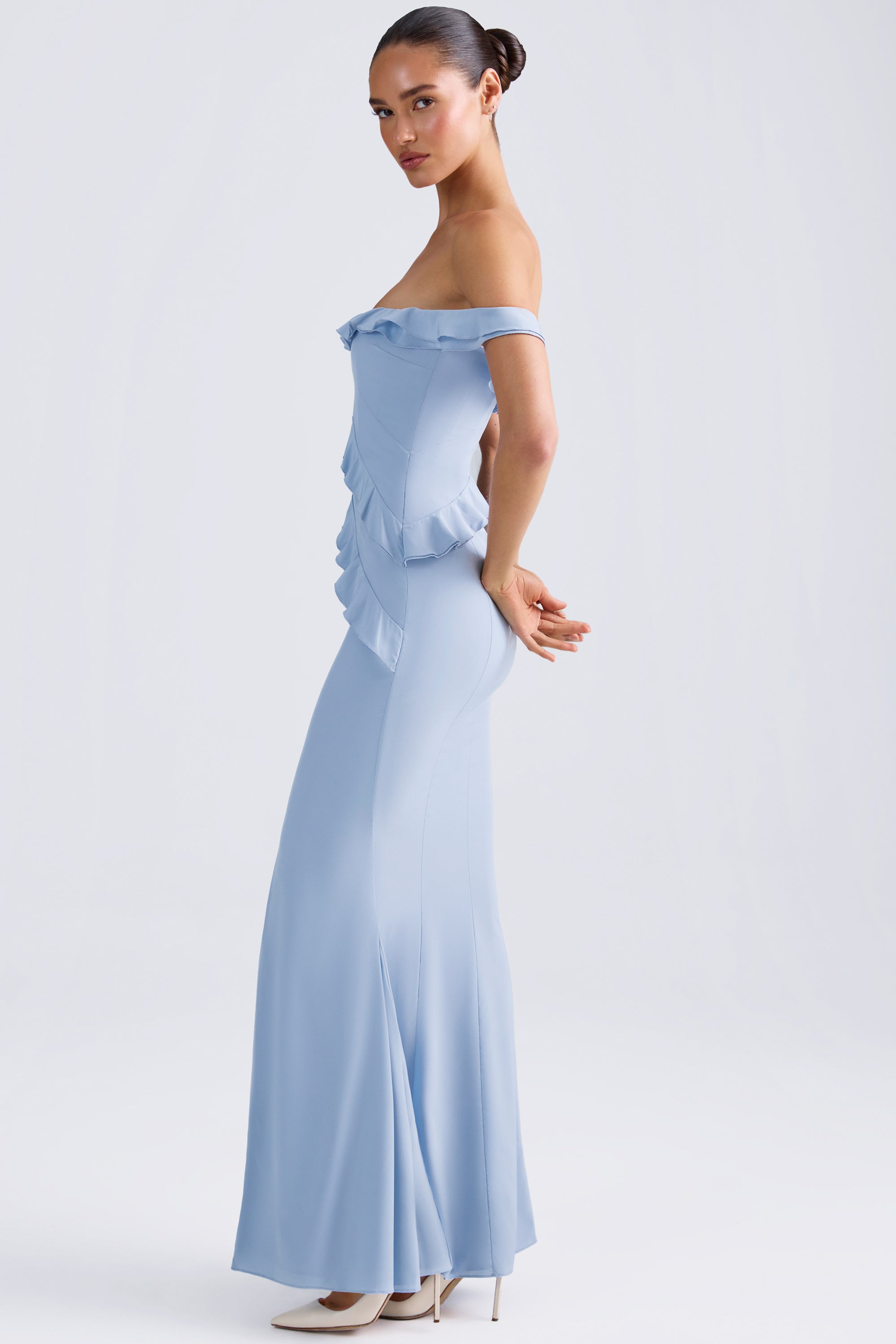 Hemera Off-Shoulder Ruffle-Trim Gown in Light Blue - Image 3