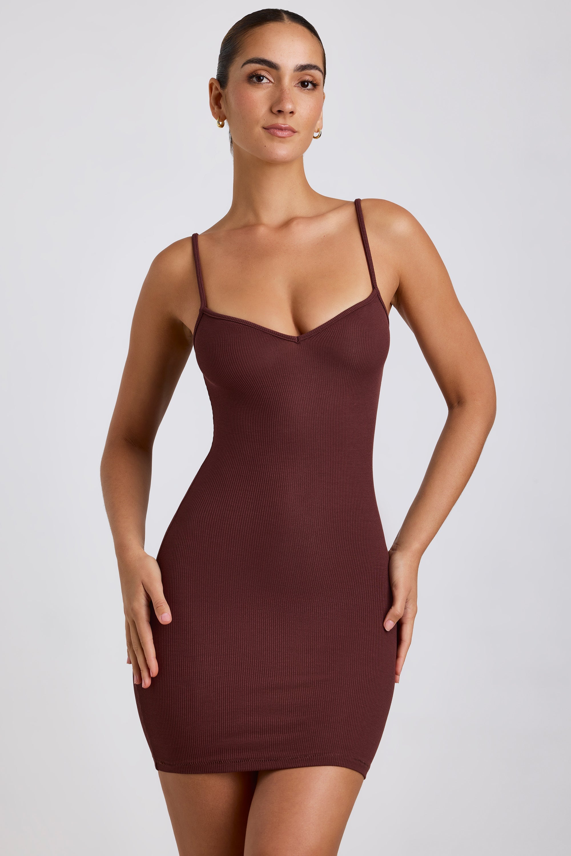 Lira Ribbed Modal Sweetheart Neckline Mini Dress in Chocolate - Image 6