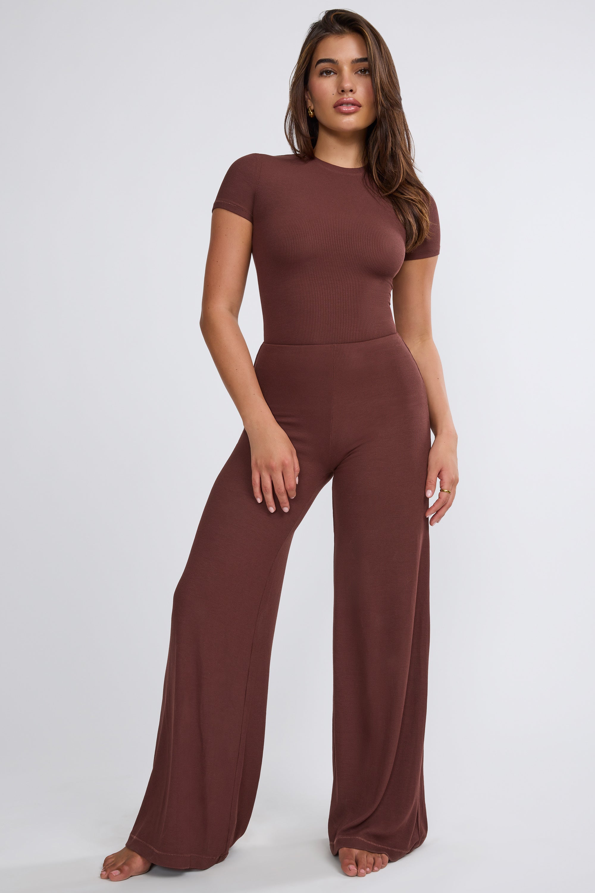 Nour Petite Mid Rise Wide Leg Trousers in Chocolate - Image 7