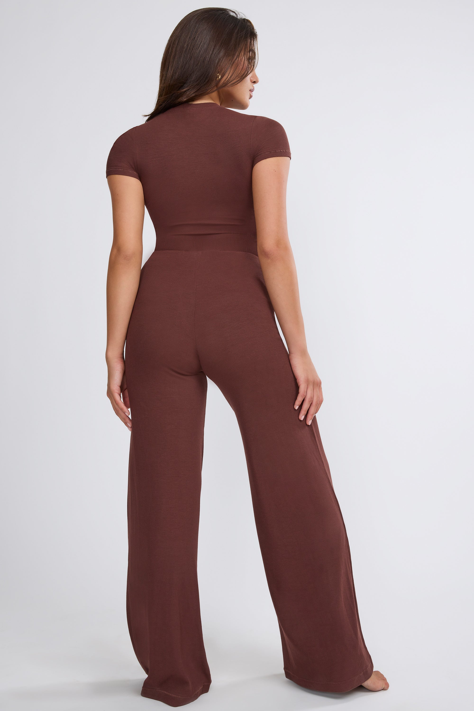 Nour Petite Mid Rise Wide Leg Trousers in Chocolate - Image 2