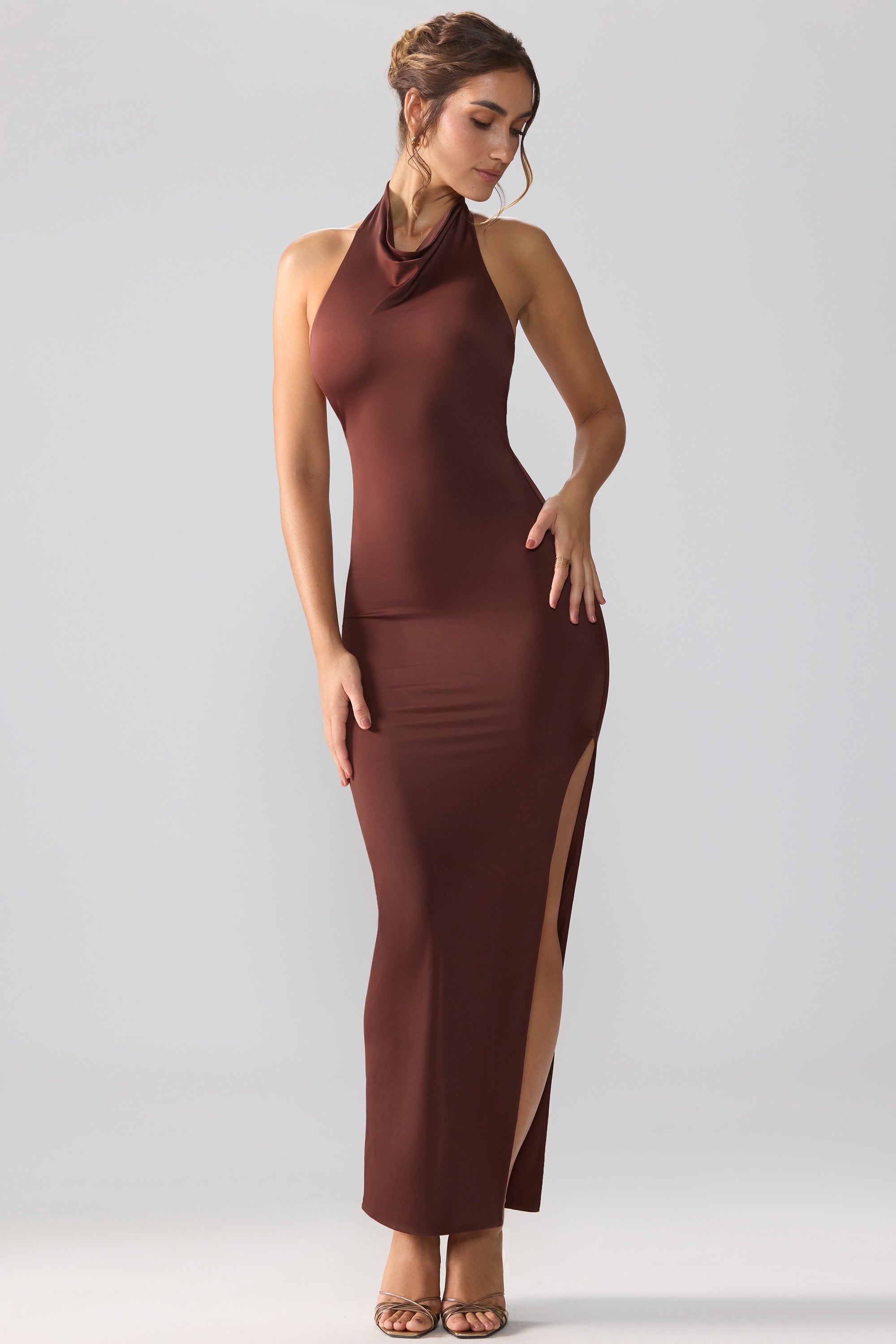 Anise Premium Jersey Cowl Neck Backless Maxi Dress in Brown