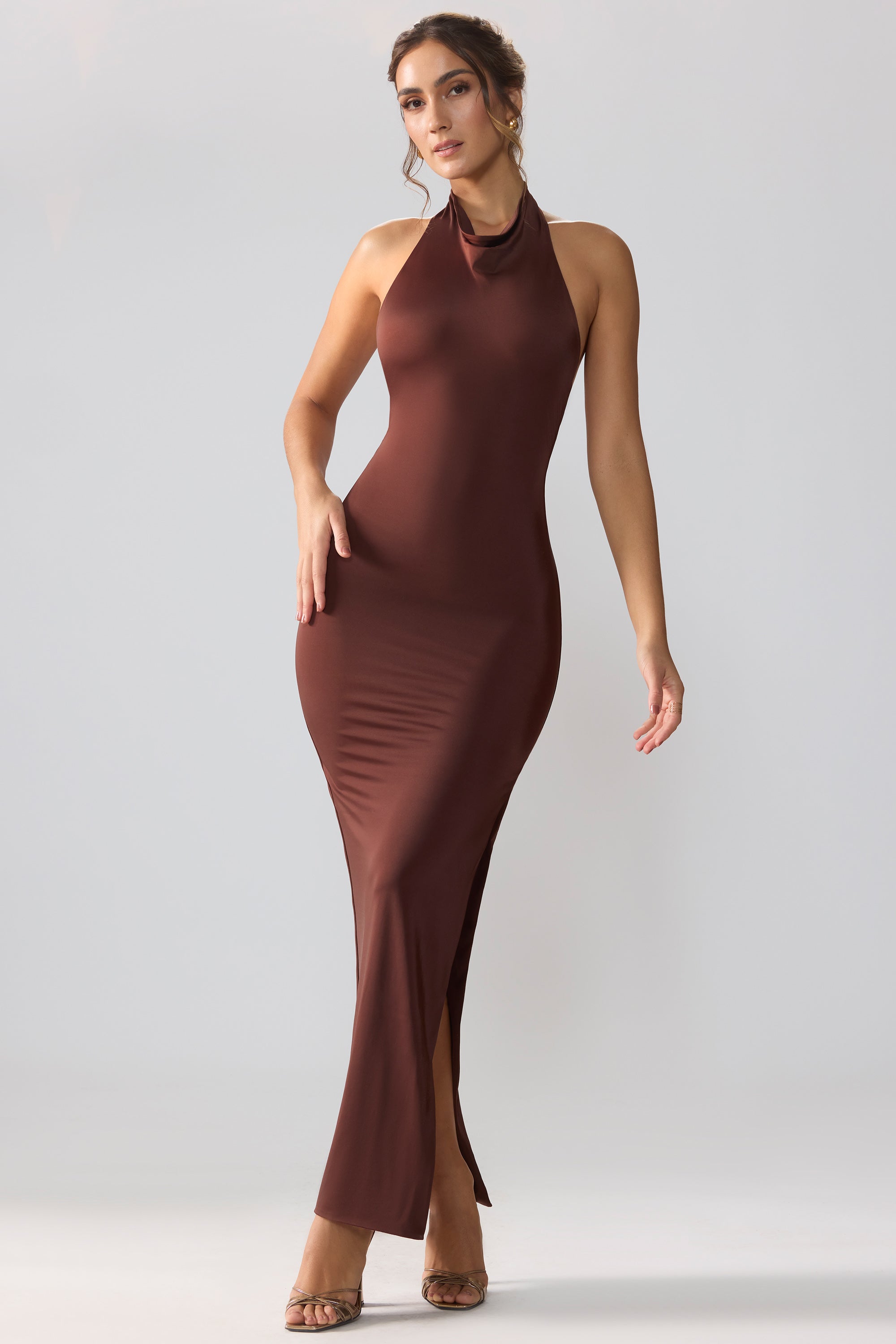 Anise Premium Jersey Cowl Neck Backless Maxi Dress in Brown - Image 5
