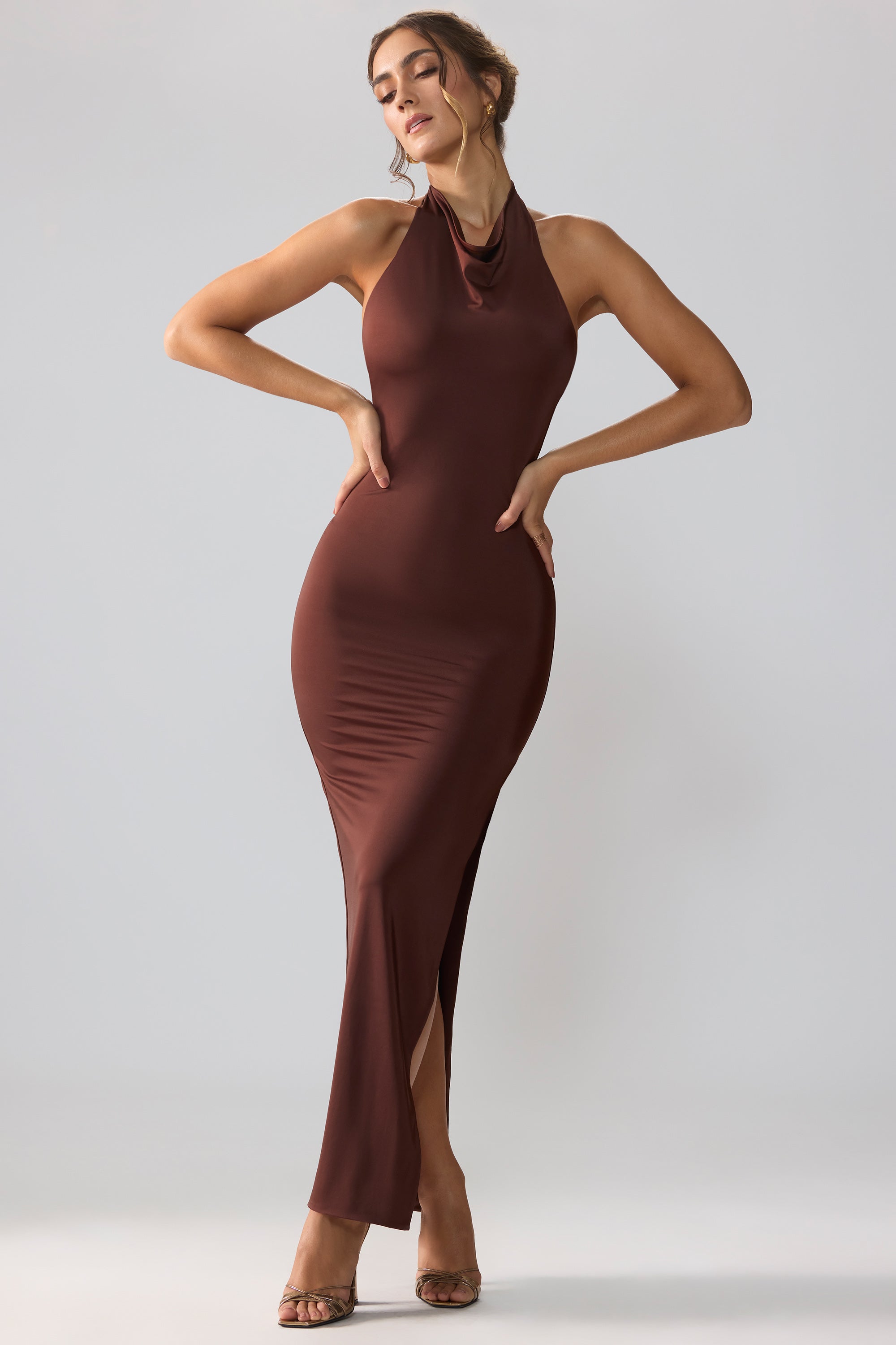 Anise Premium Jersey Cowl Neck Backless Maxi Dress in Brown - Image 6