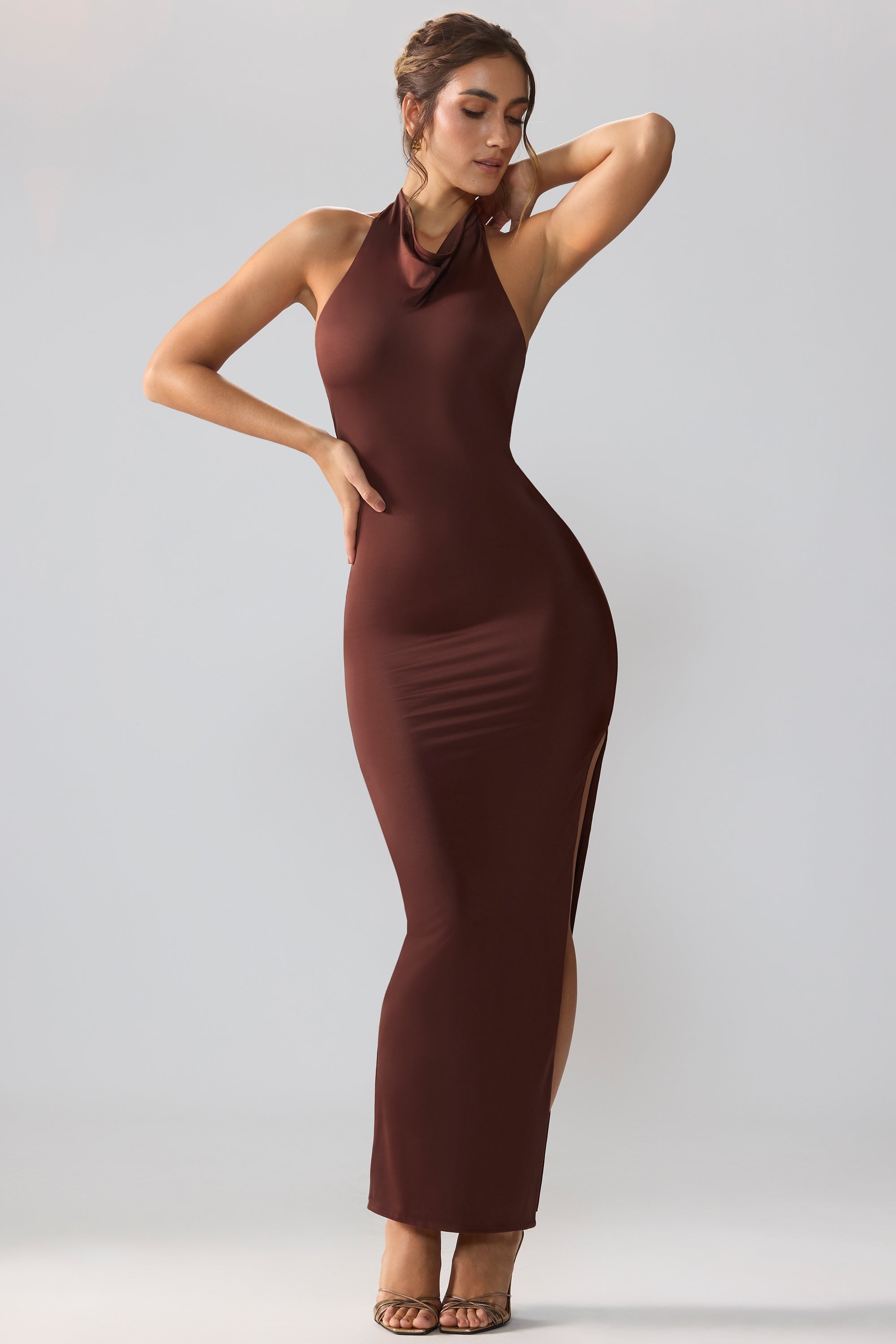 Anise Premium Jersey Cowl Neck Backless Maxi Dress in Brown - Image 4
