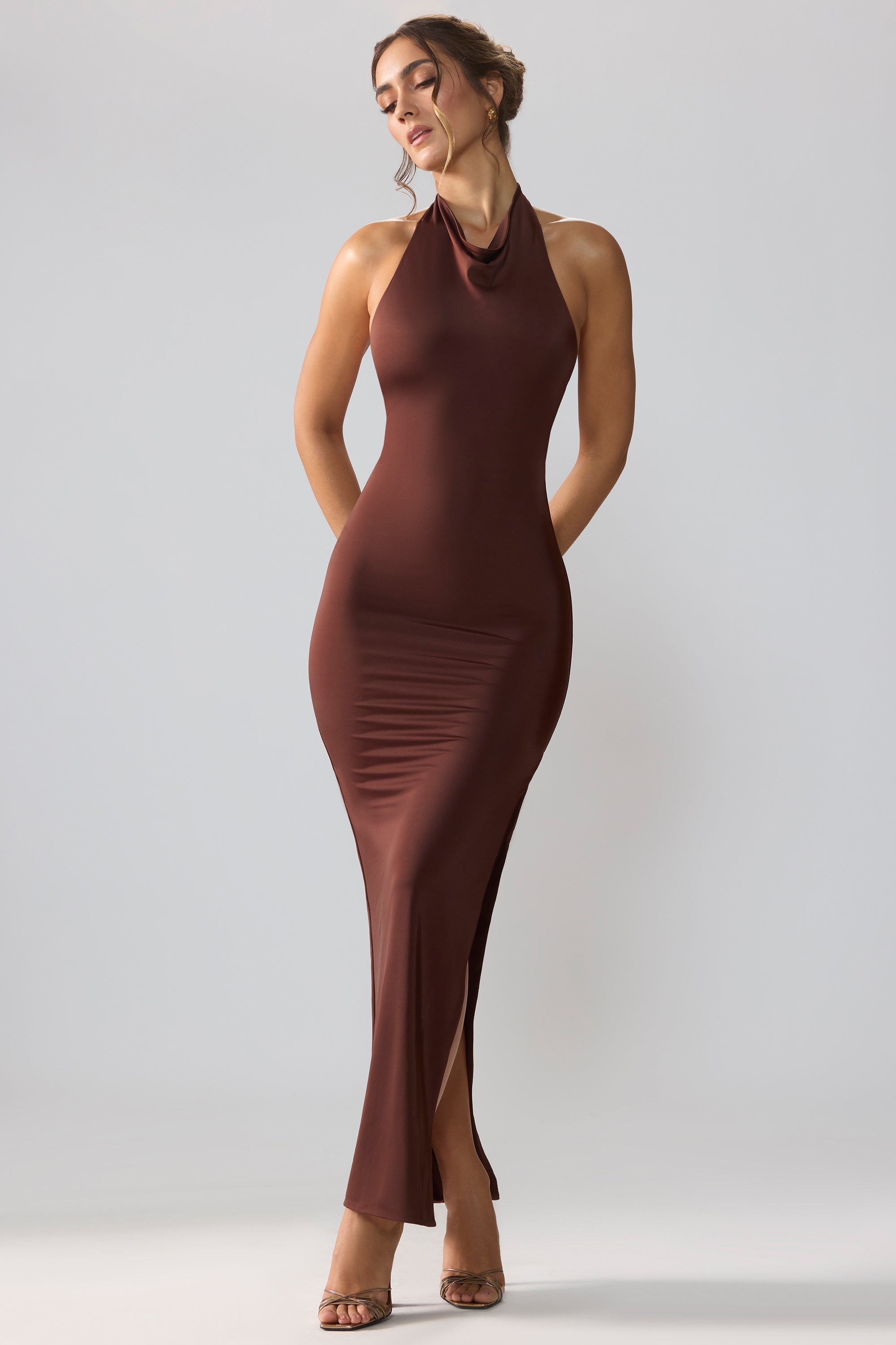 Anise Premium Jersey Cowl Neck Backless Maxi Dress in Brown - Image 7