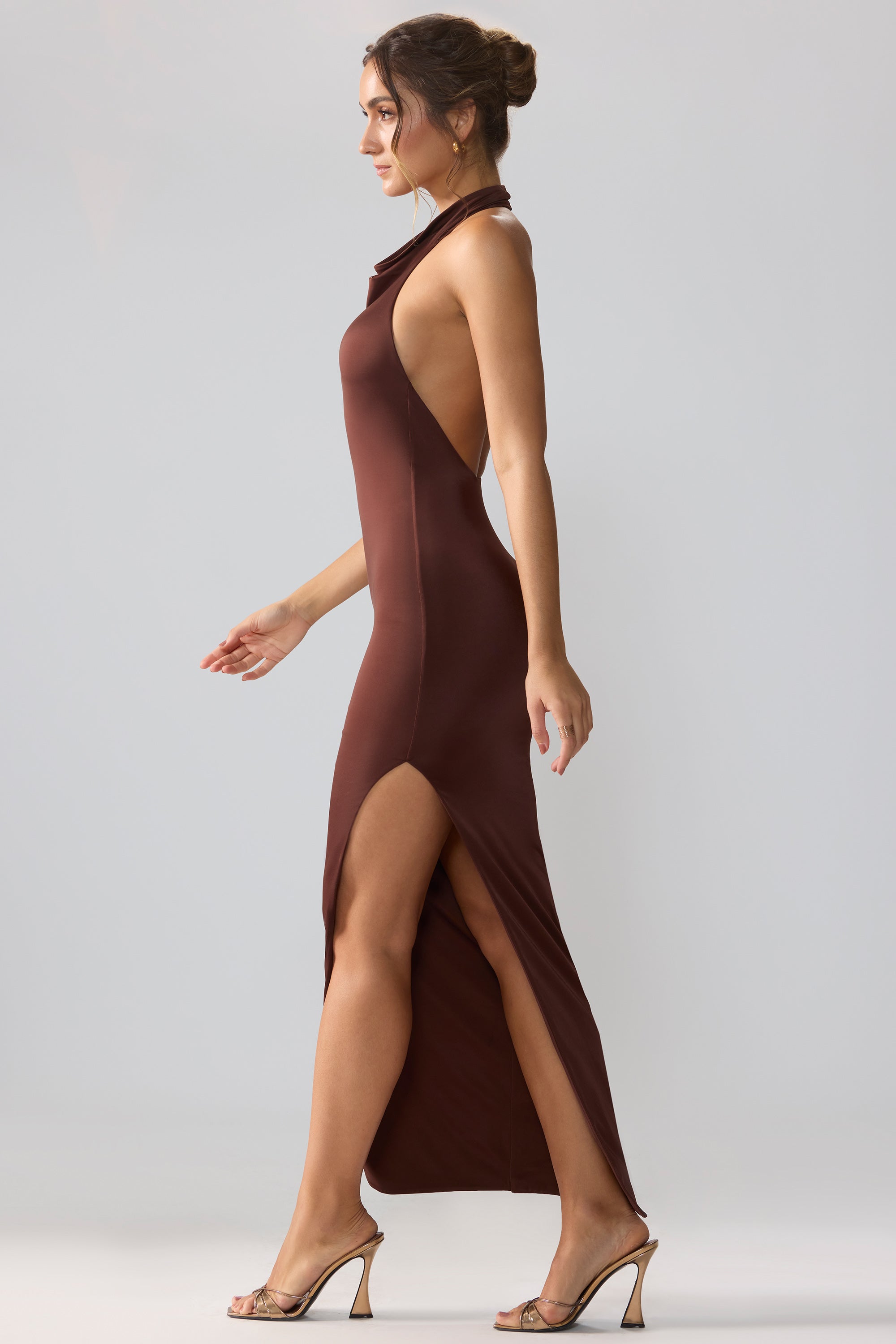Anise Premium Jersey Cowl Neck Backless Maxi Dress in Brown - Image 3