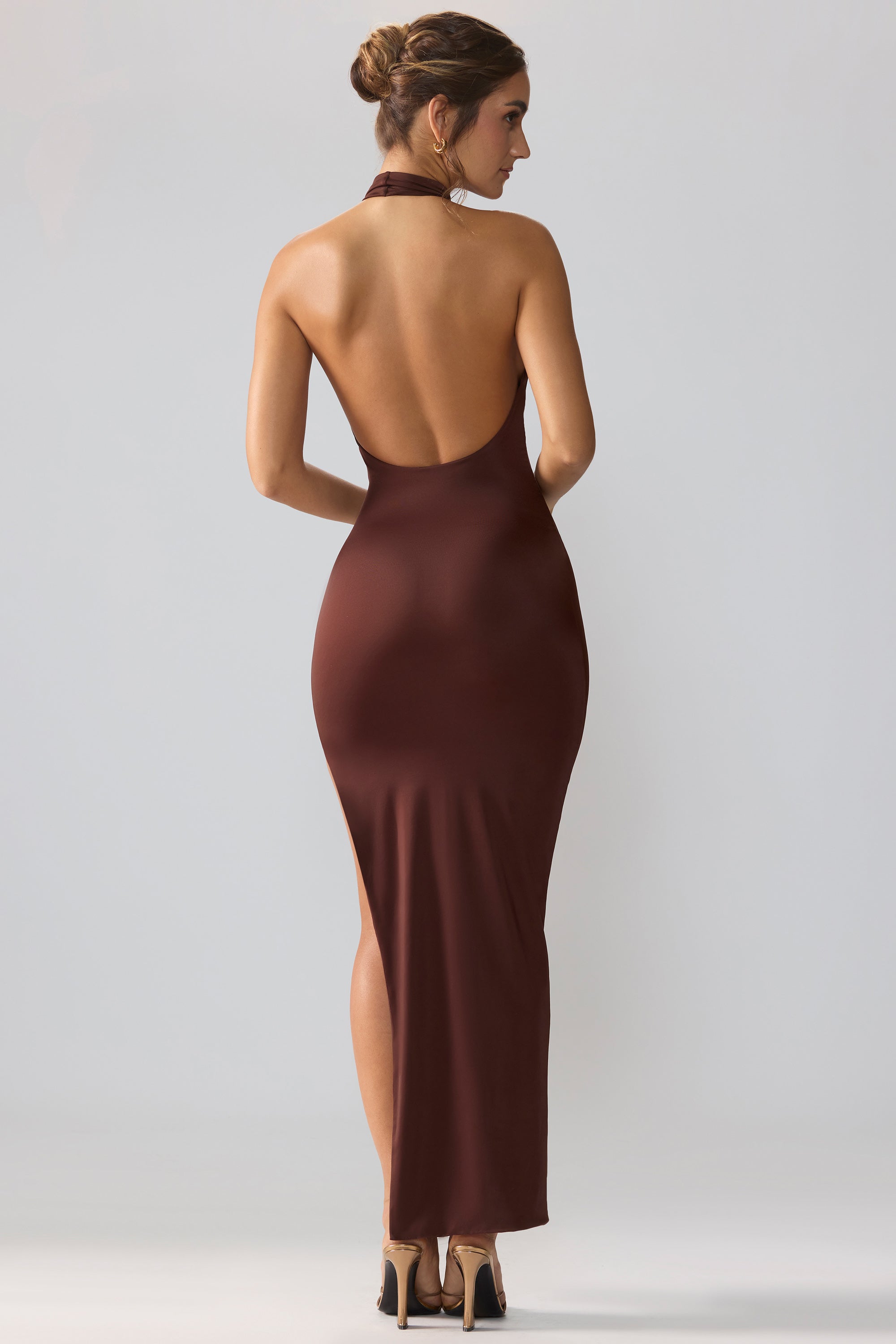 Anise Premium Jersey Cowl Neck Backless Maxi Dress in Brown - Image 2