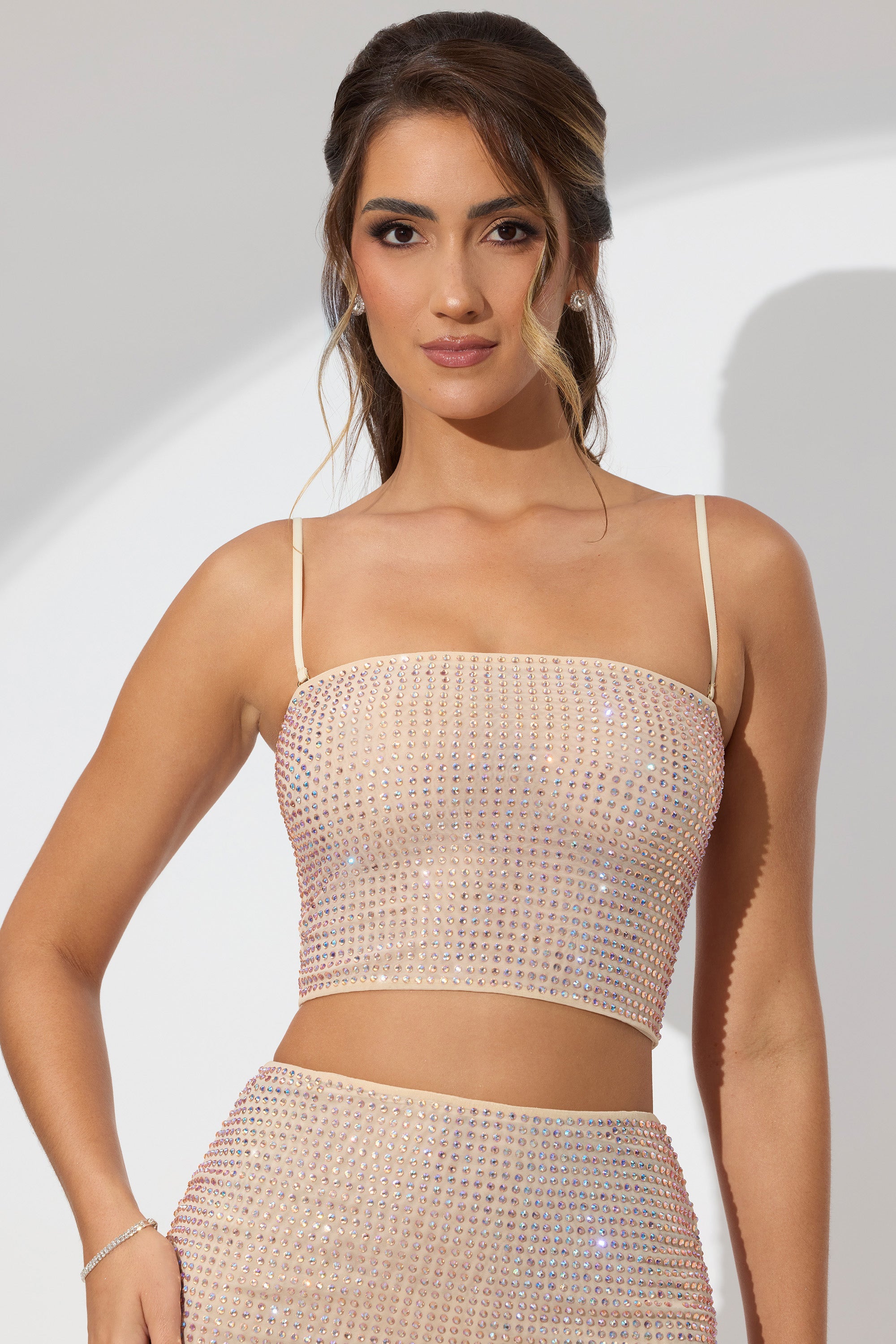Nicia Embellished Strapless Crop Top in Champagne - Image 7
