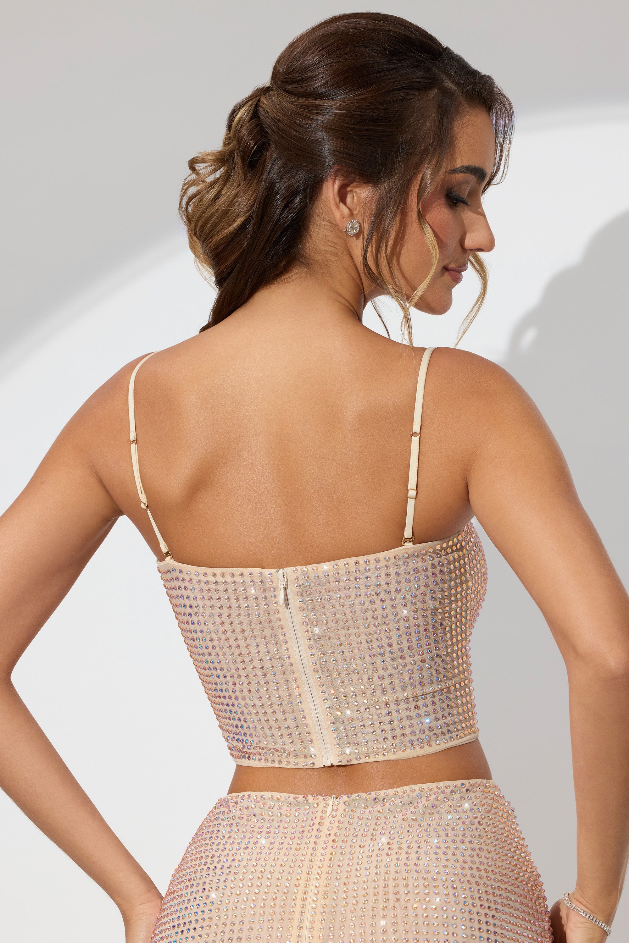 Nicia Embellished Strapless Crop Top in Champagne - Image 2