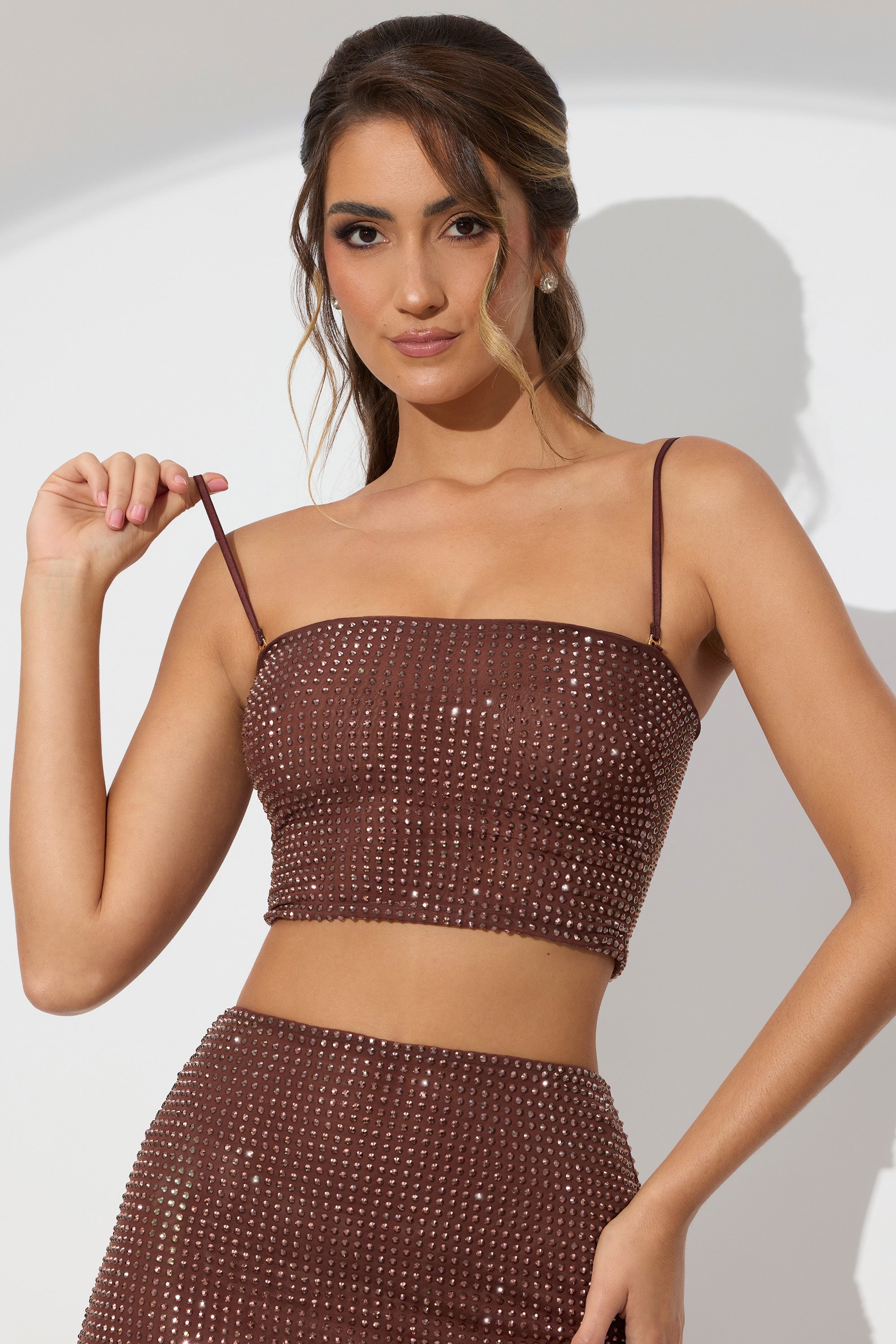 Nicia Embellished Strapless Crop Top in Espresso - Image 6