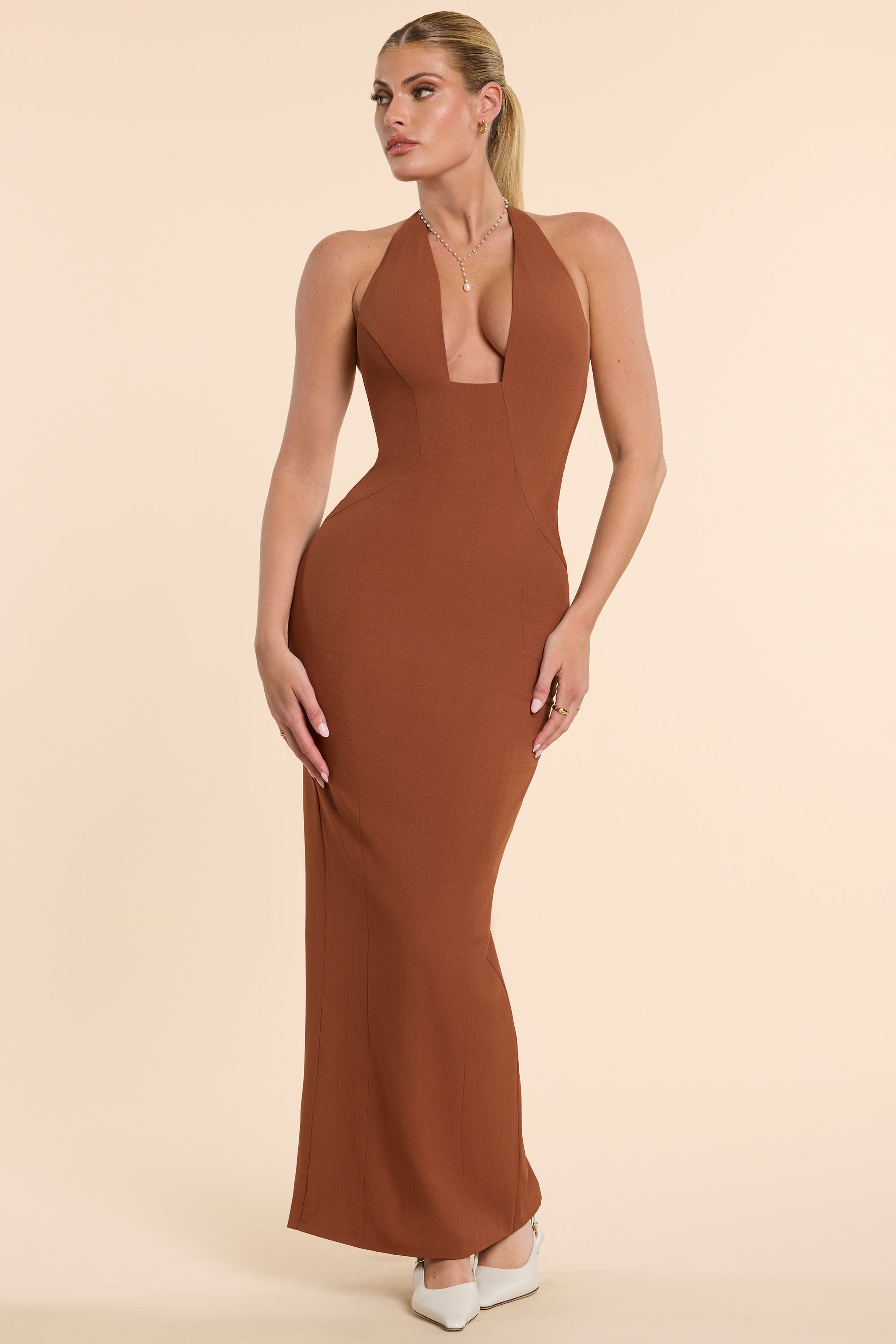 Demeter Woven Twill Halter Neck Plunge Maxi Dress in Chestnut Brown - Image 6