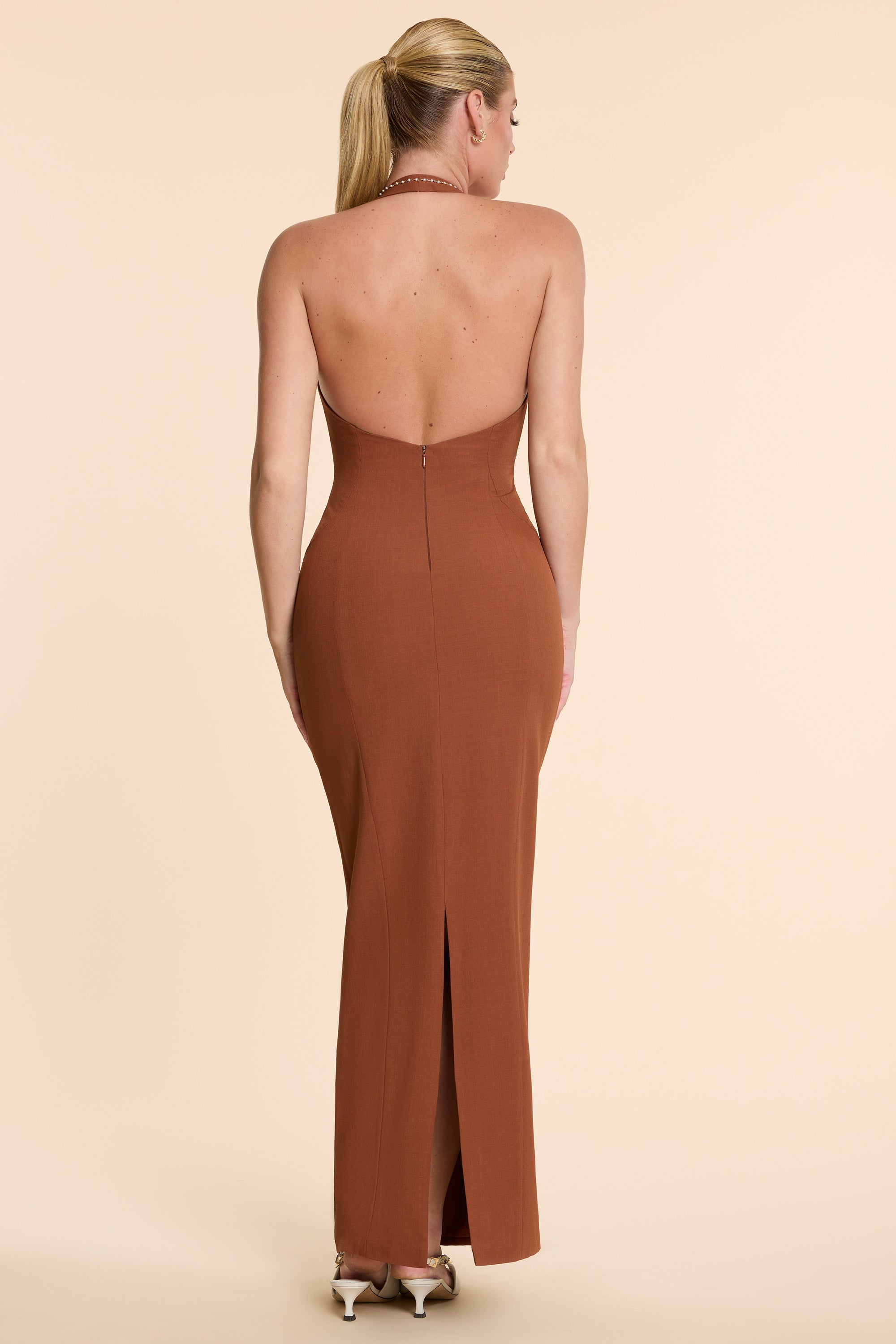 Demeter Woven Twill Halter Neck Plunge Maxi Dress in Chestnut Brown - Image 2