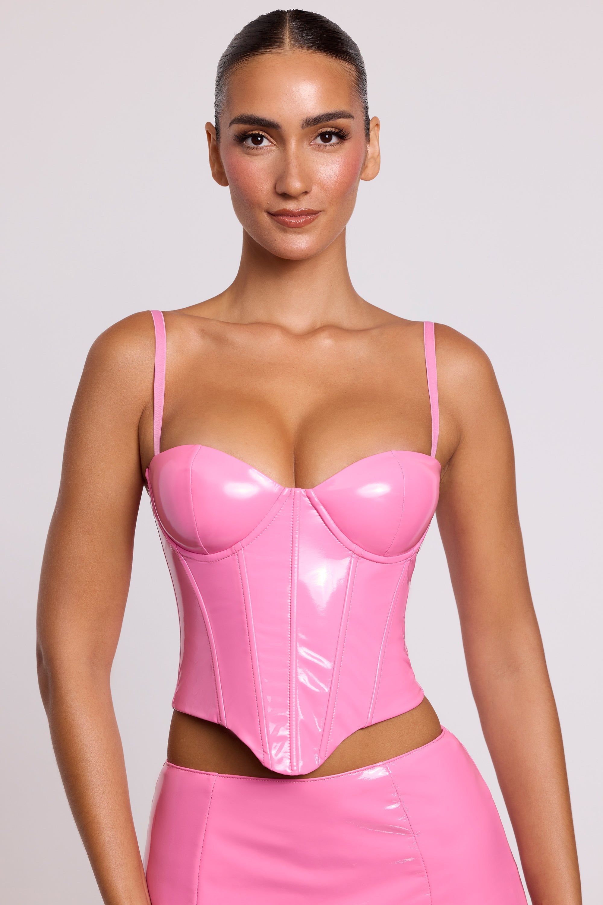 Vinyl Underwired Corset Crop Top in Pink - Image 7