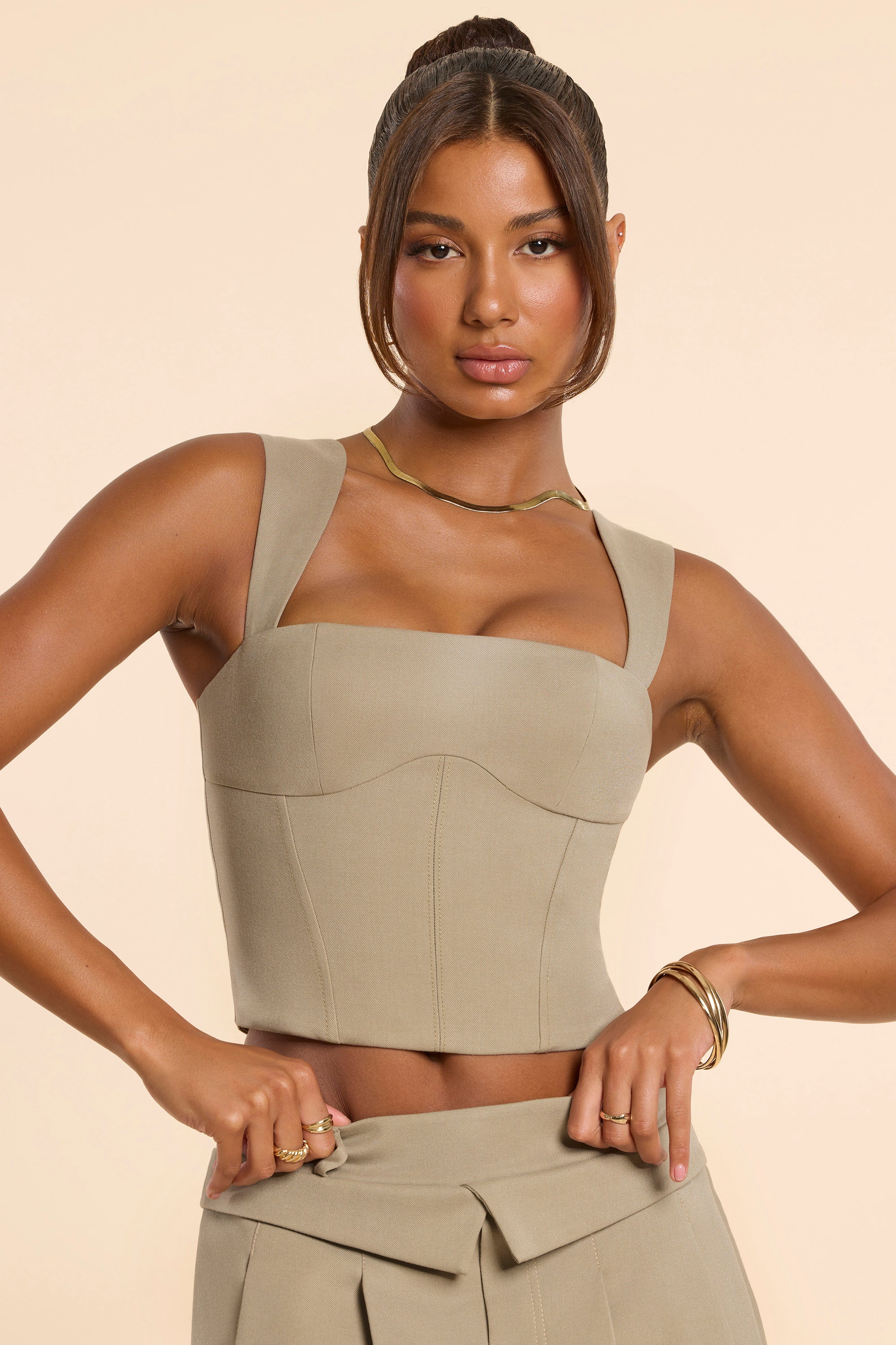 Laurel Woven Wool Square Neck Tailored Top in Taupe