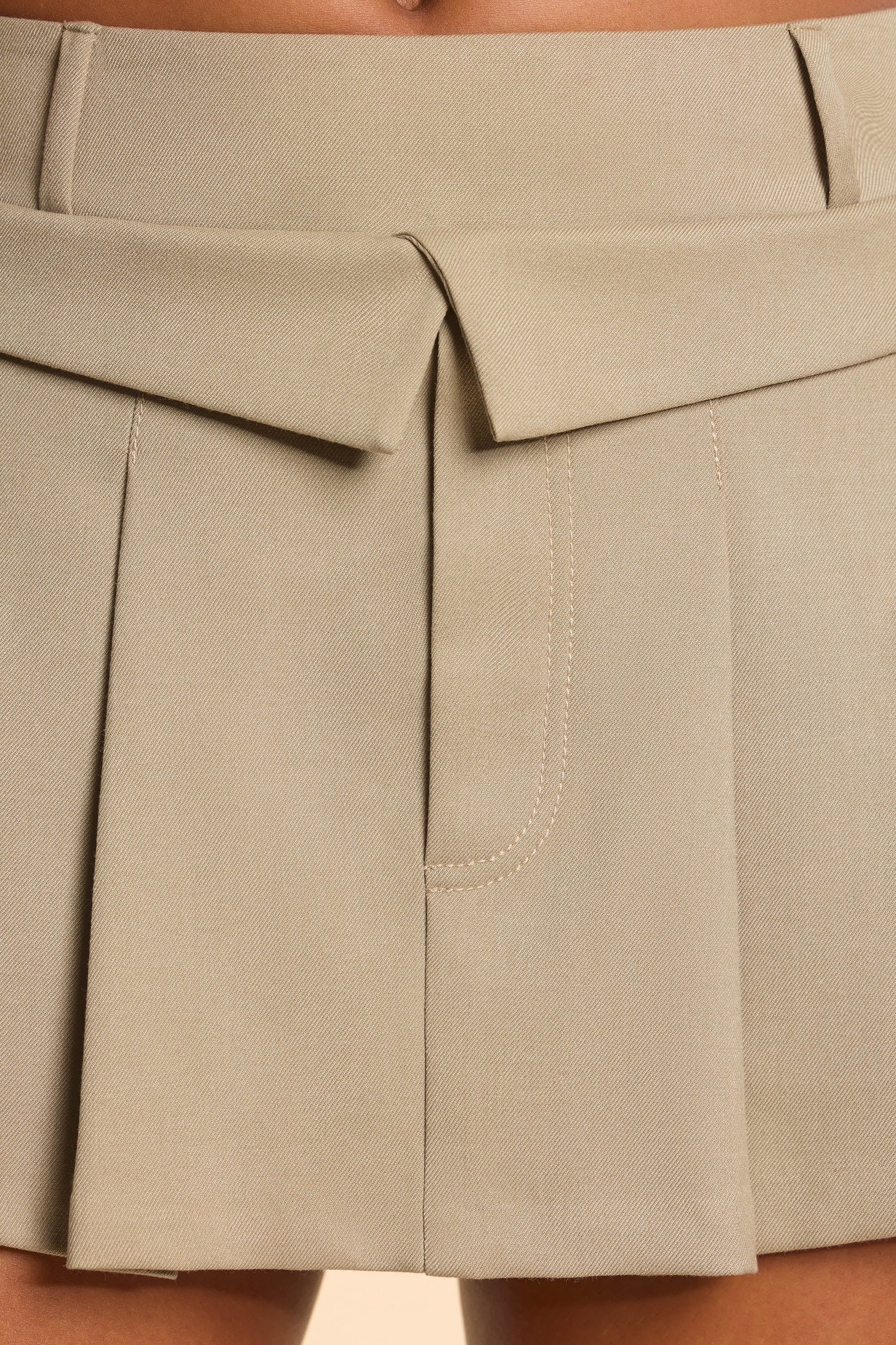 Maize Woven Wool Double Waistband Mid Rise Pleated Micro Mini Skirt in Taupe - Image 7
