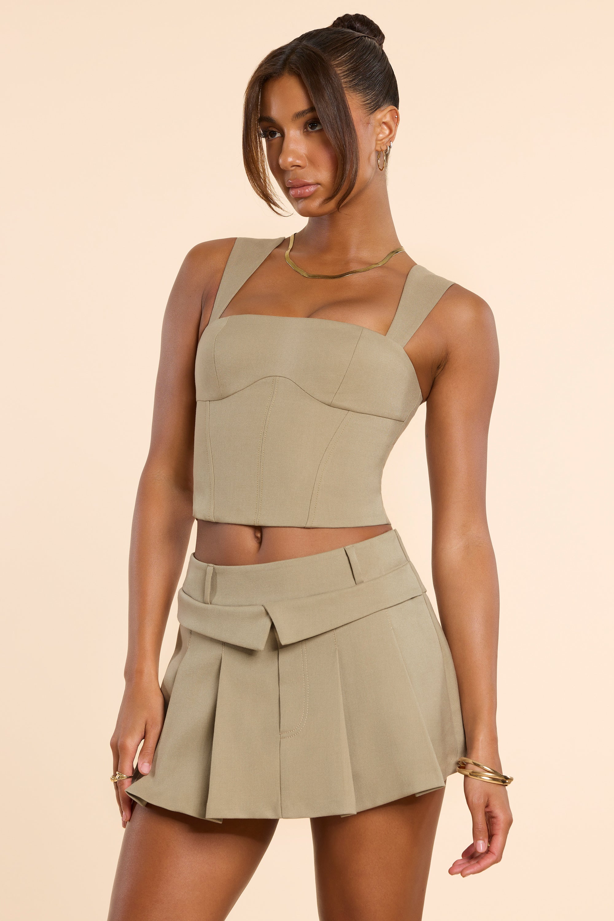 Maize Woven Wool Double Waistband Mid Rise Pleated Micro Mini Skirt in Taupe - Image 5