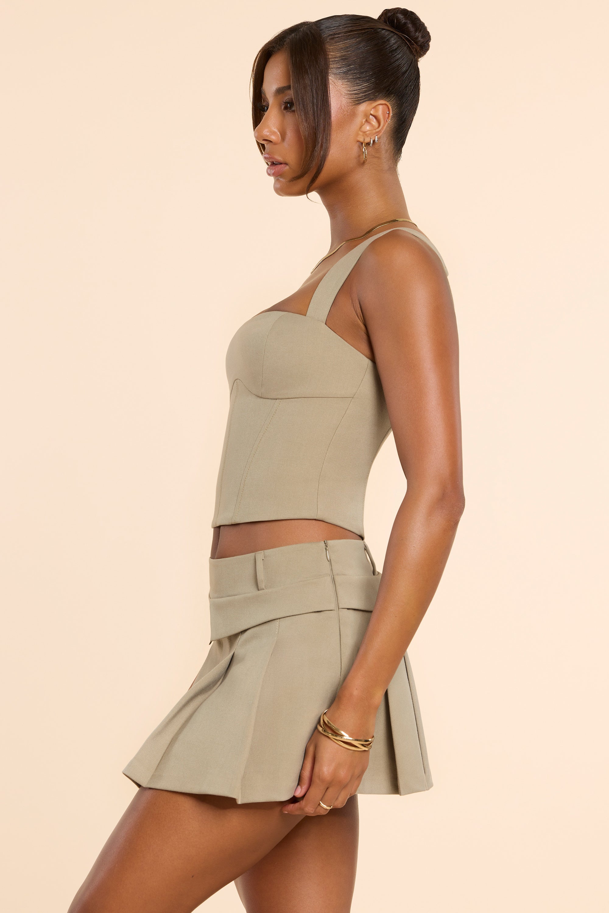 Maize Woven Wool Double Waistband Mid Rise Pleated Micro Mini Skirt in Taupe - Image 3