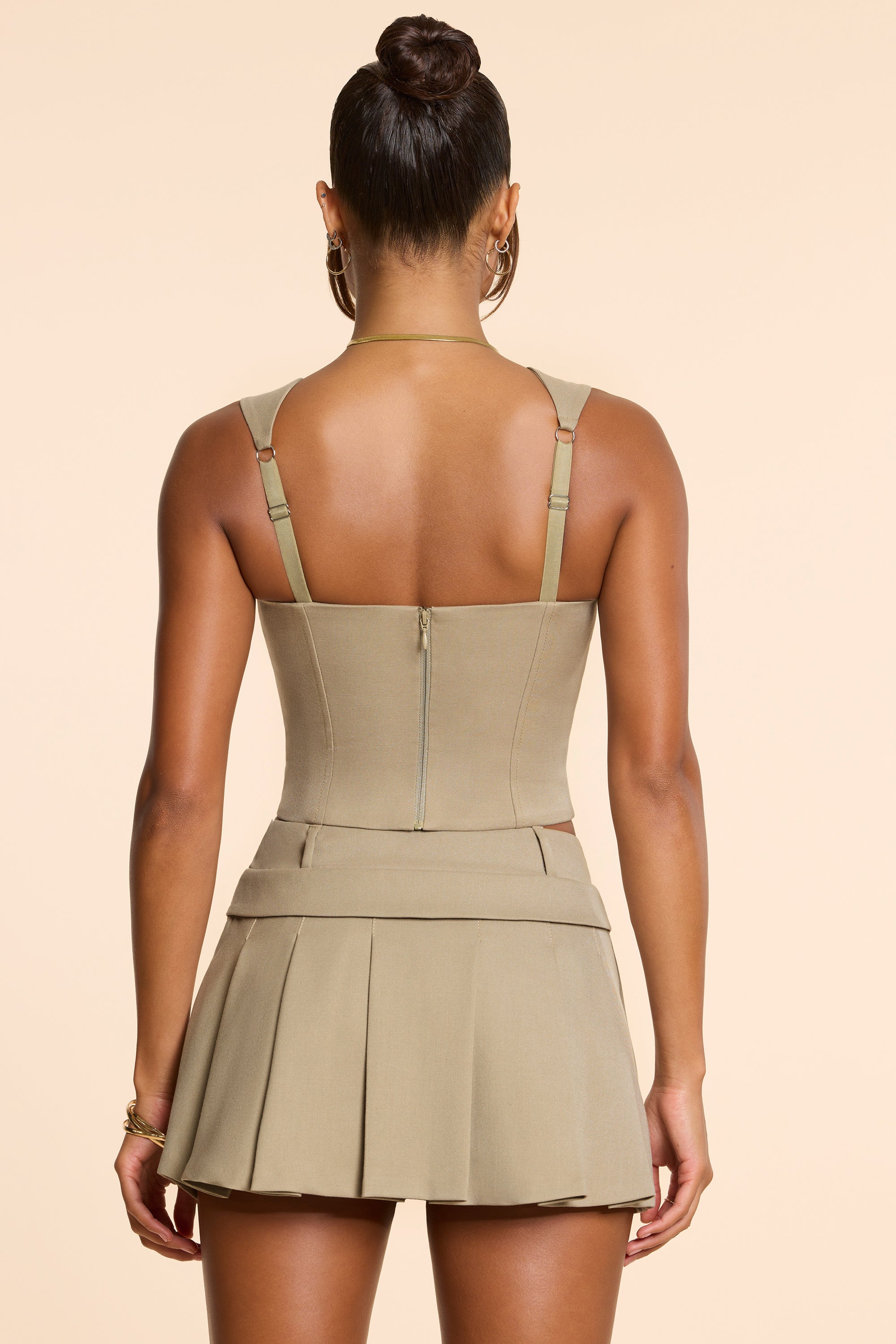 Maize Woven Wool Double Waistband Mid Rise Pleated Micro Mini Skirt in Taupe - Image 2