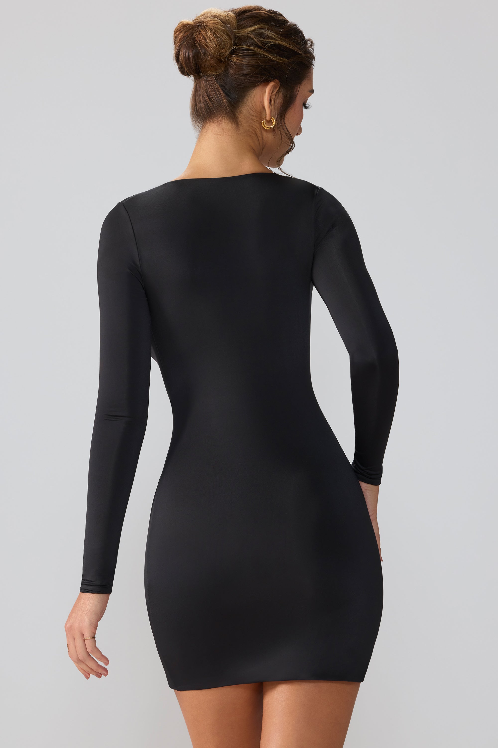 Oakley Slinky Jersey Long Sleeve Plunge Cowl Neck Mini Dress in Black - Image 2
