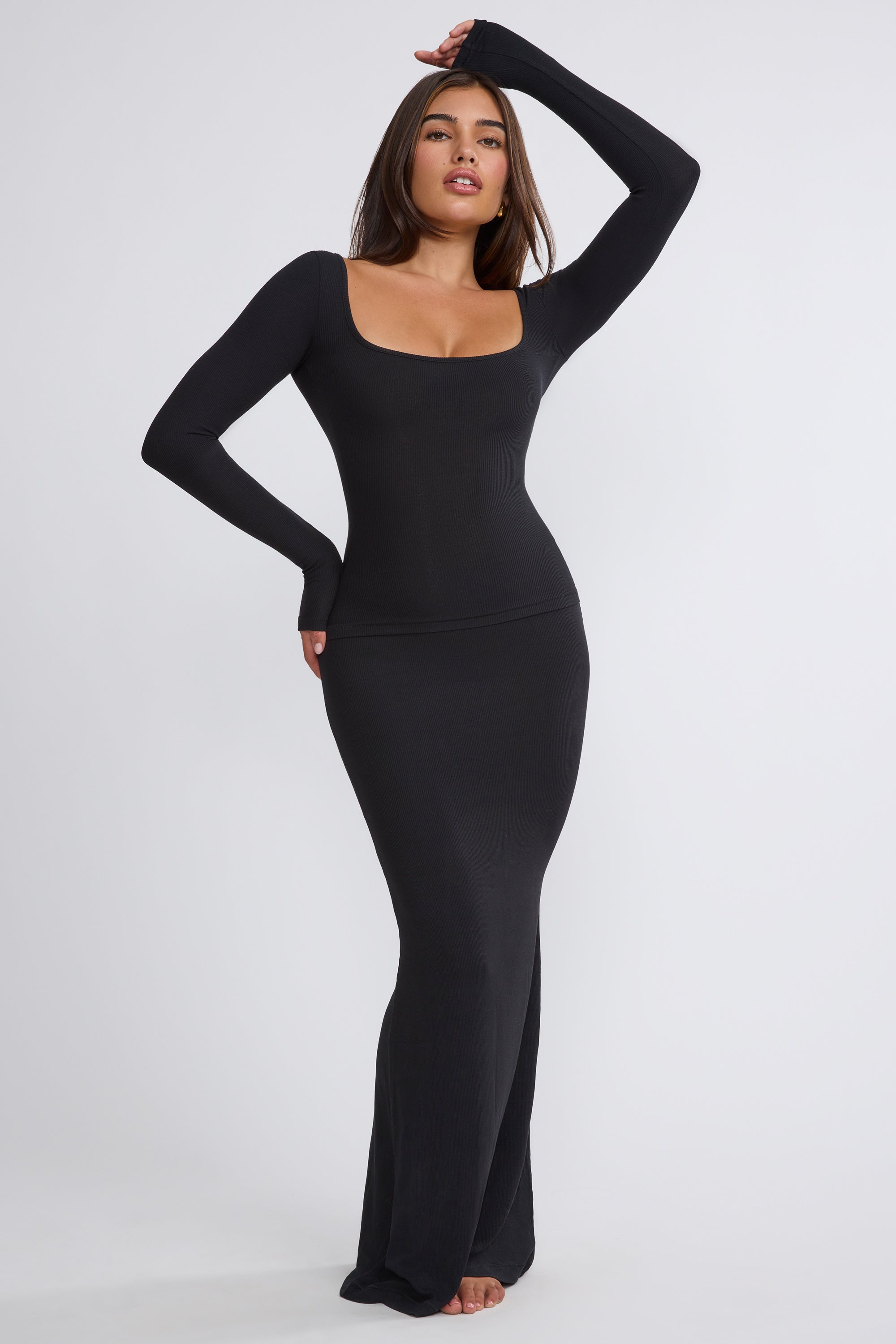 Mona Ribbed Modal Mid Rise Maxi Skirt in Black - Image 4