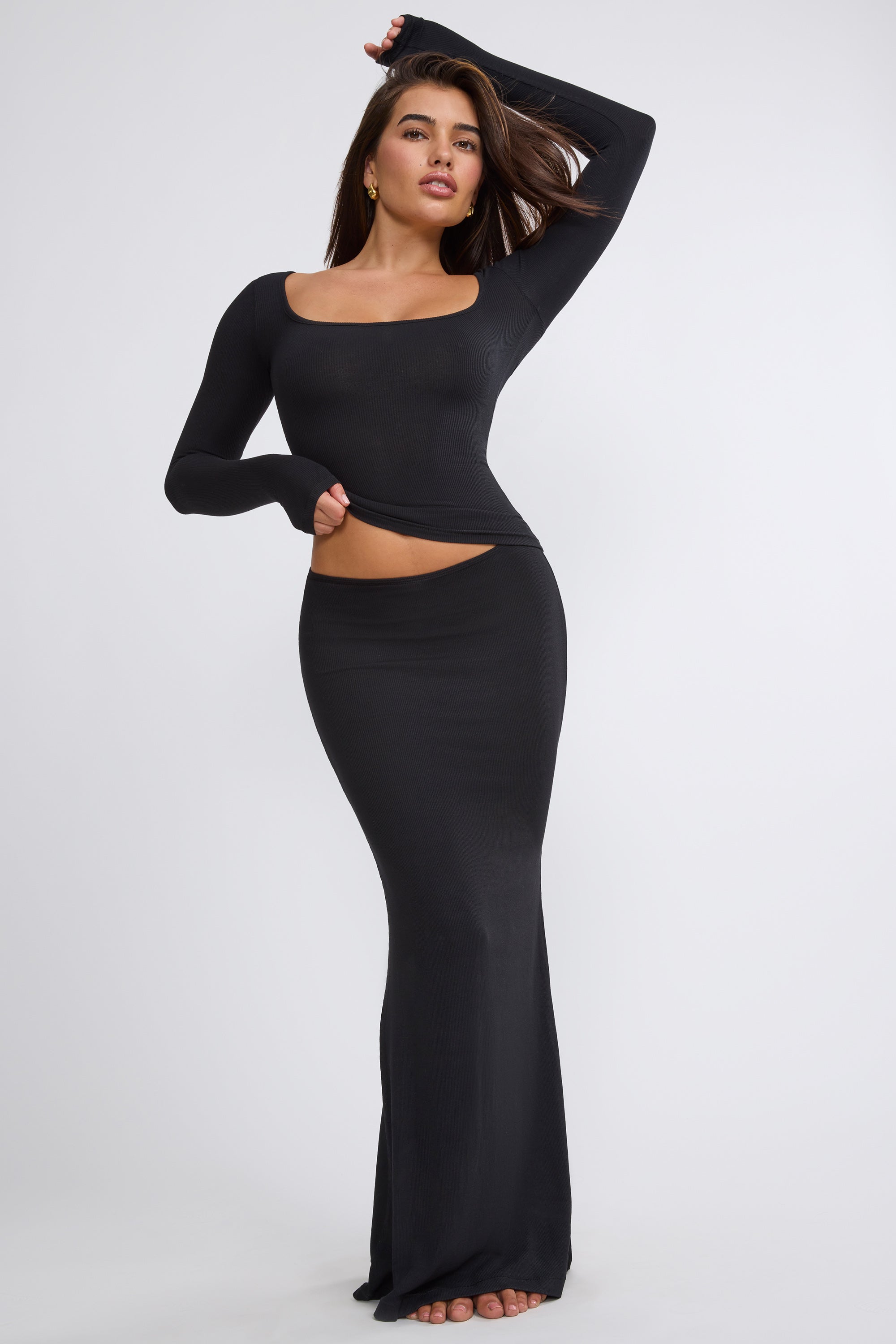 Mona Ribbed Modal Mid Rise Maxi Skirt in Black - Image 12