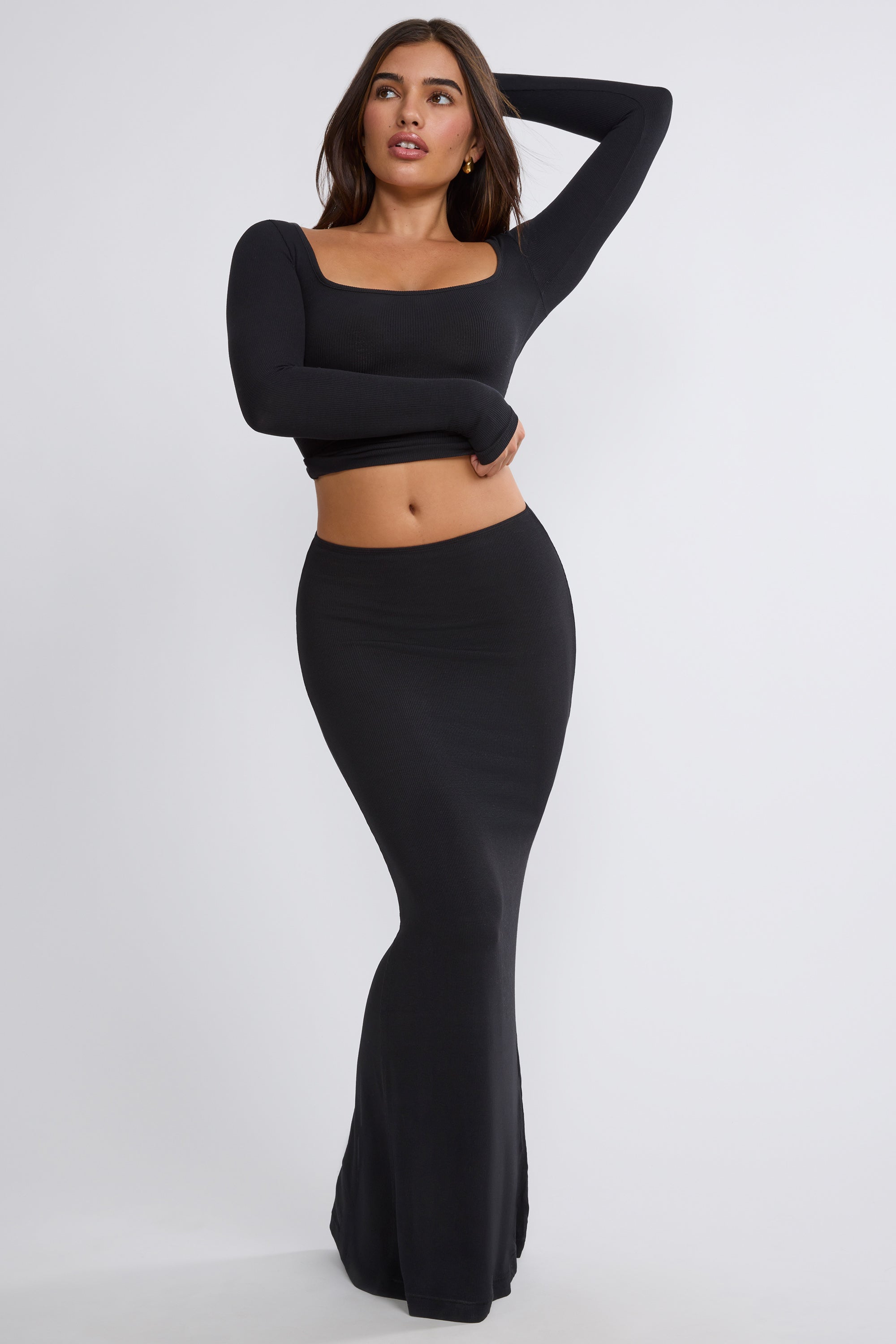 Mona Ribbed Modal Mid Rise Maxi Skirt in Black