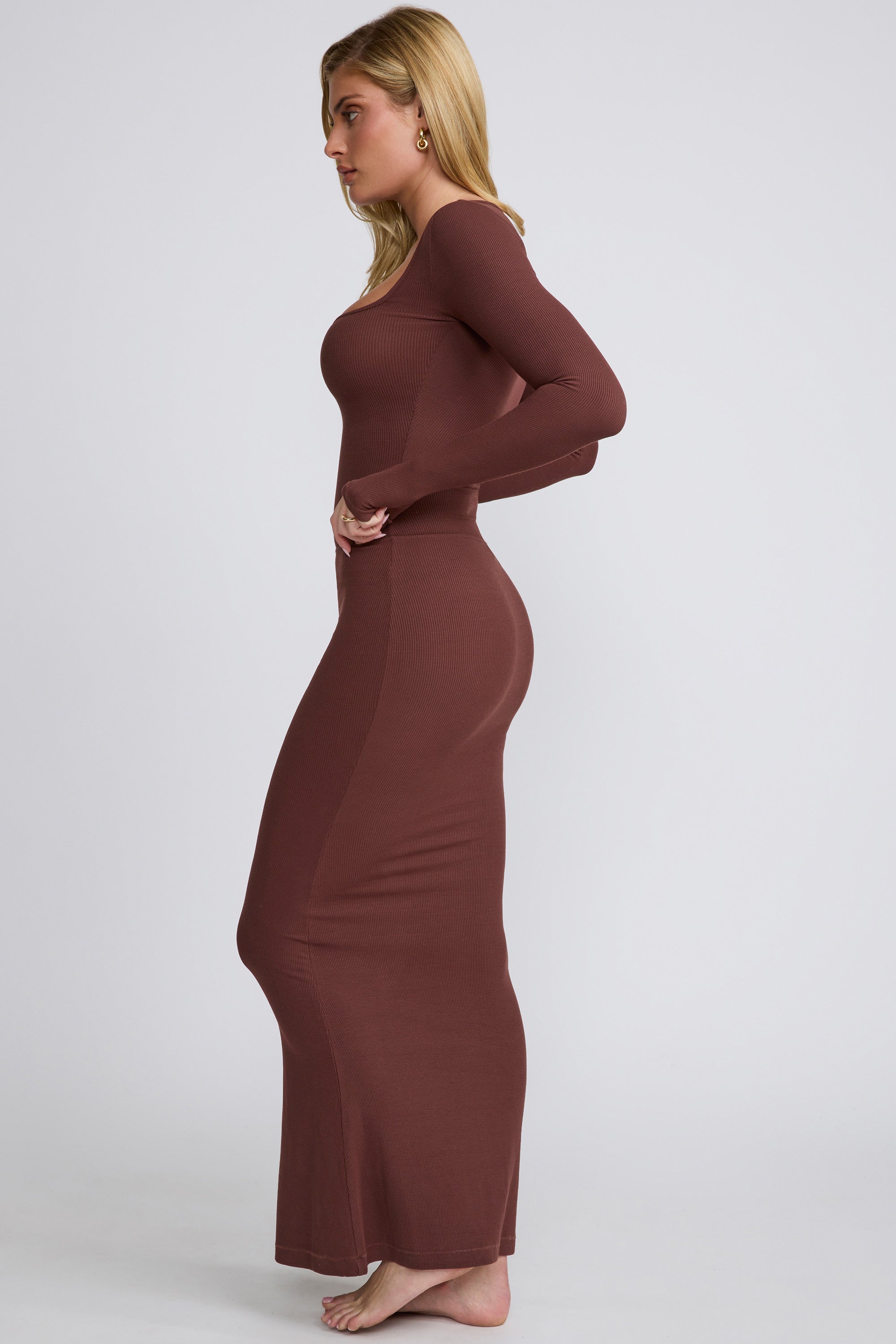 Mona Ribbed Modal Mid Rise Maxi Skirt in Chocolate - Image 2