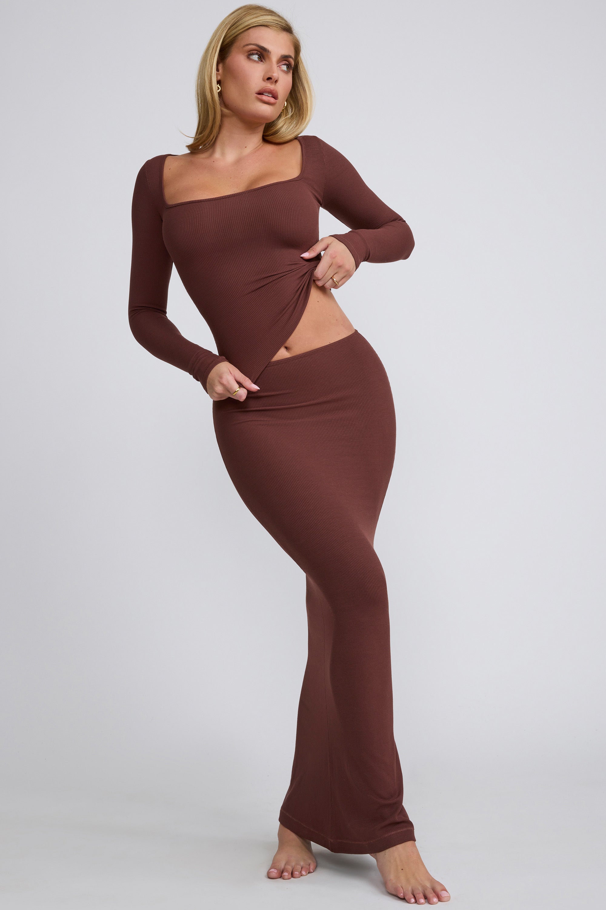 Mona Ribbed Modal Mid Rise Maxi Skirt in Chocolate - Image 6