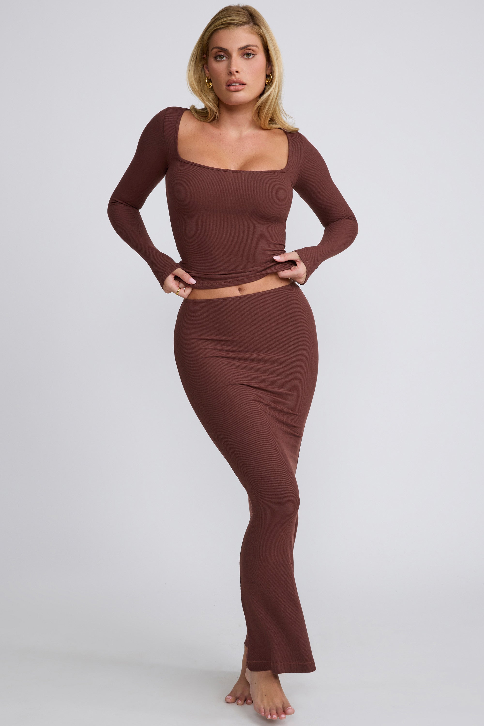 Mona Ribbed Modal Mid Rise Maxi Skirt in Chocolate - Image 4