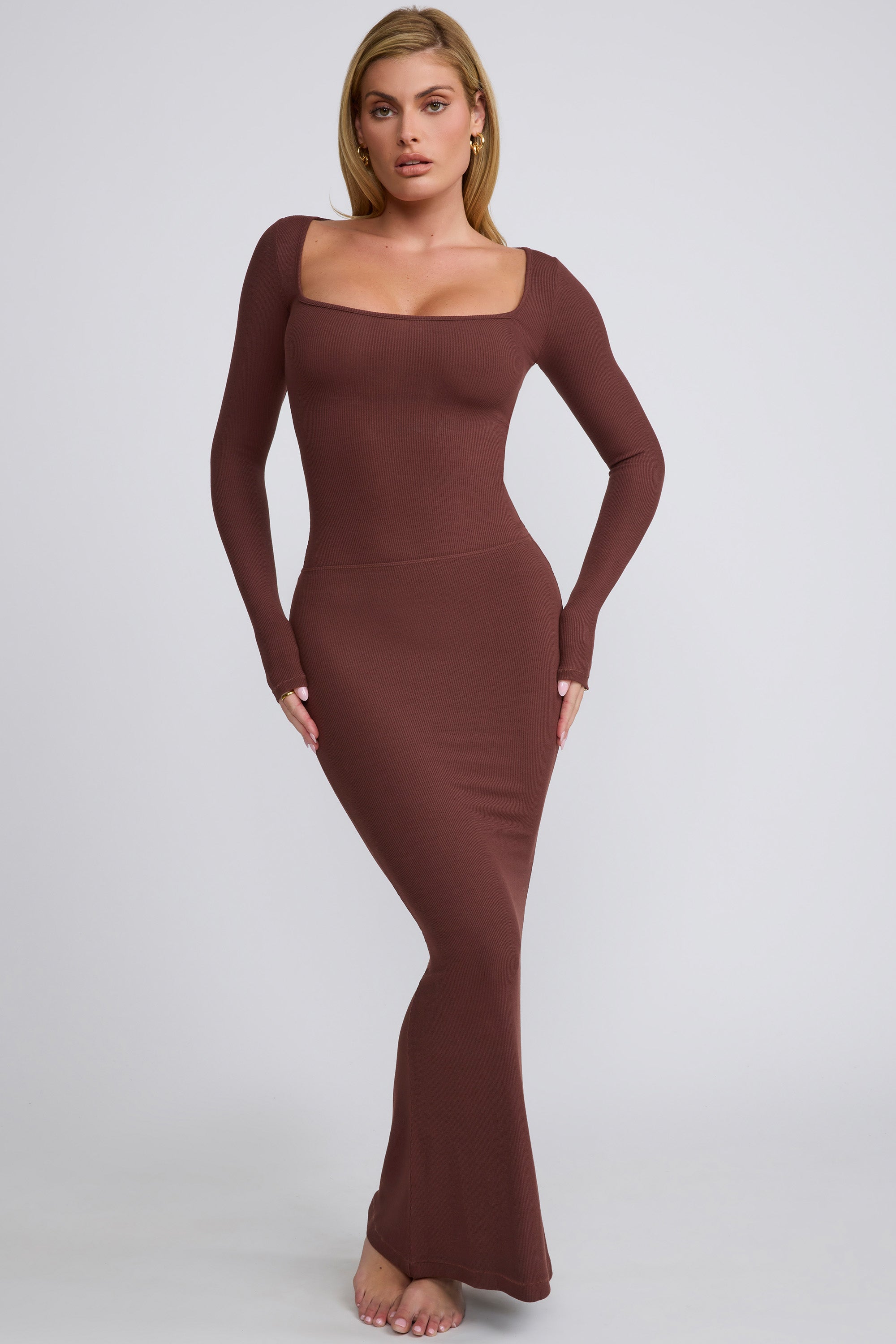 Mona Ribbed Modal Mid Rise Maxi Skirt in Chocolate - Image 3