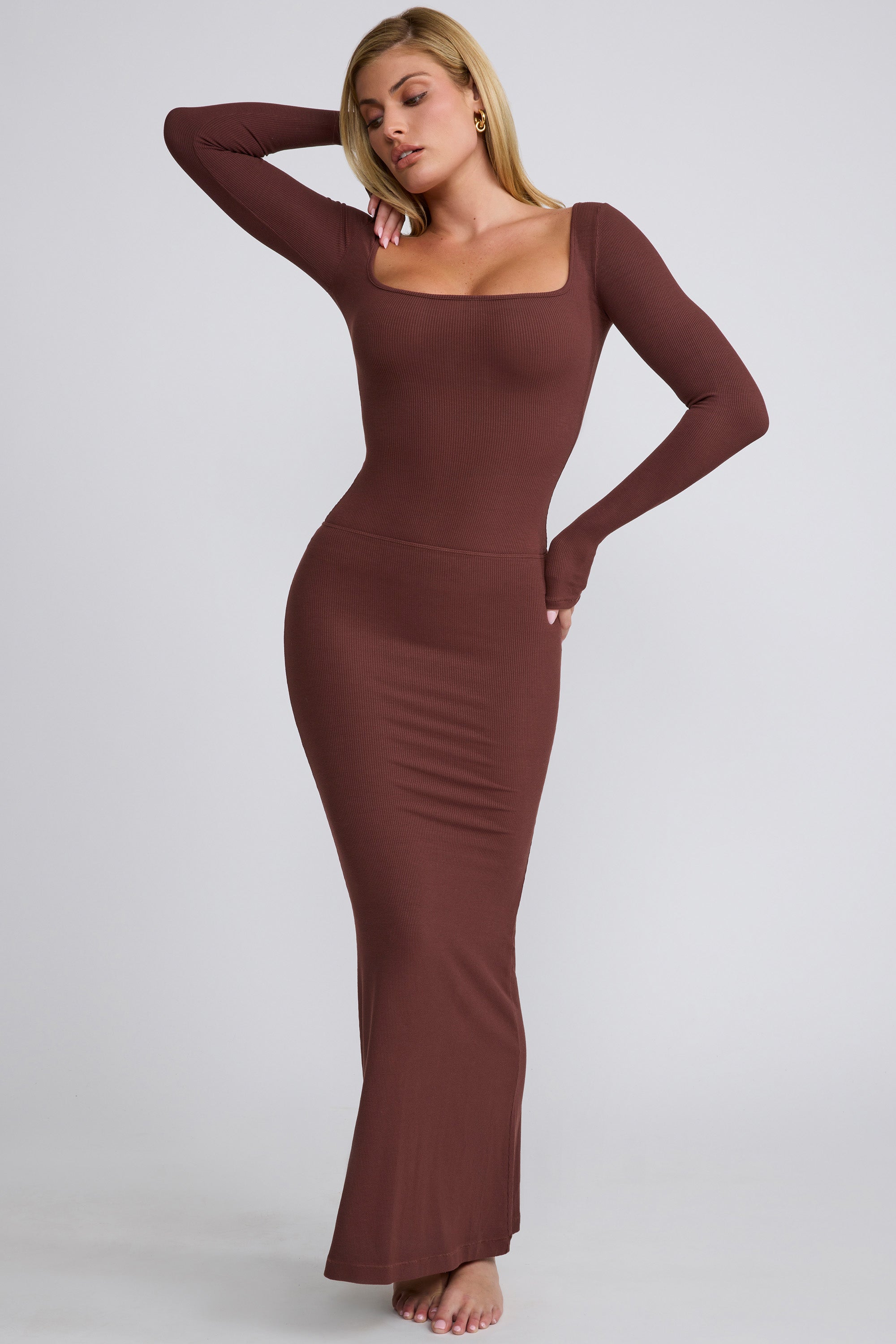 Mona Ribbed Modal Mid Rise Maxi Skirt in Chocolate - Image 7