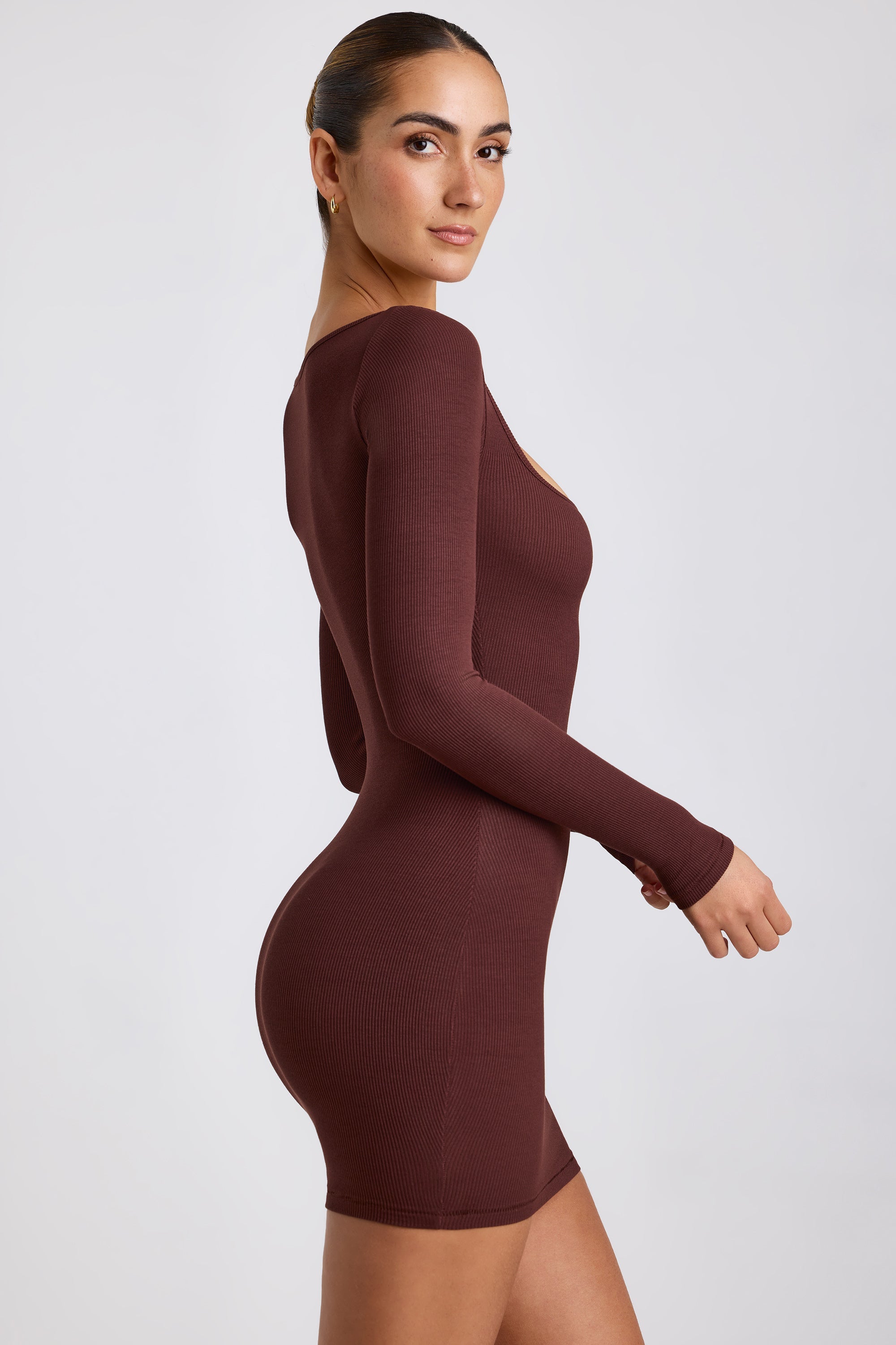 Sherine Ribbed Modal Square Neck Long Sleeve Mini Dress in Chocolate - Image 3