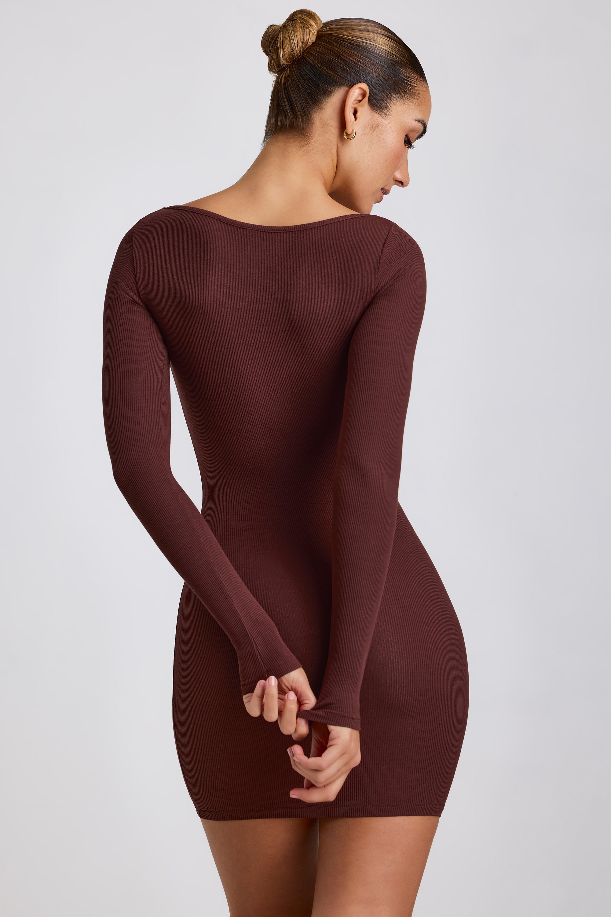 Sherine Ribbed Modal Square Neck Long Sleeve Mini Dress in Chocolate - Image 2