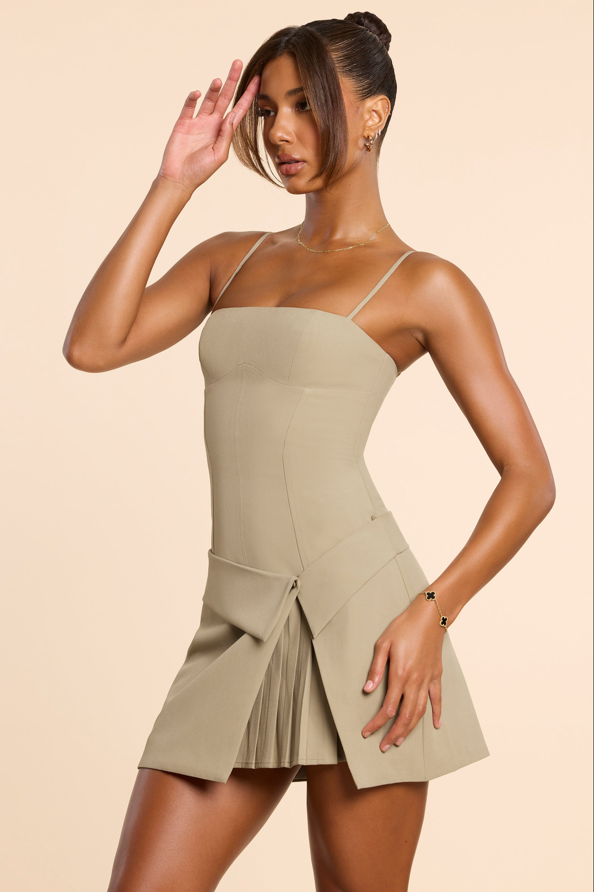 Bruna Woven Twill Wrap Over Pleated Mini Dress in Taupe - Image 3