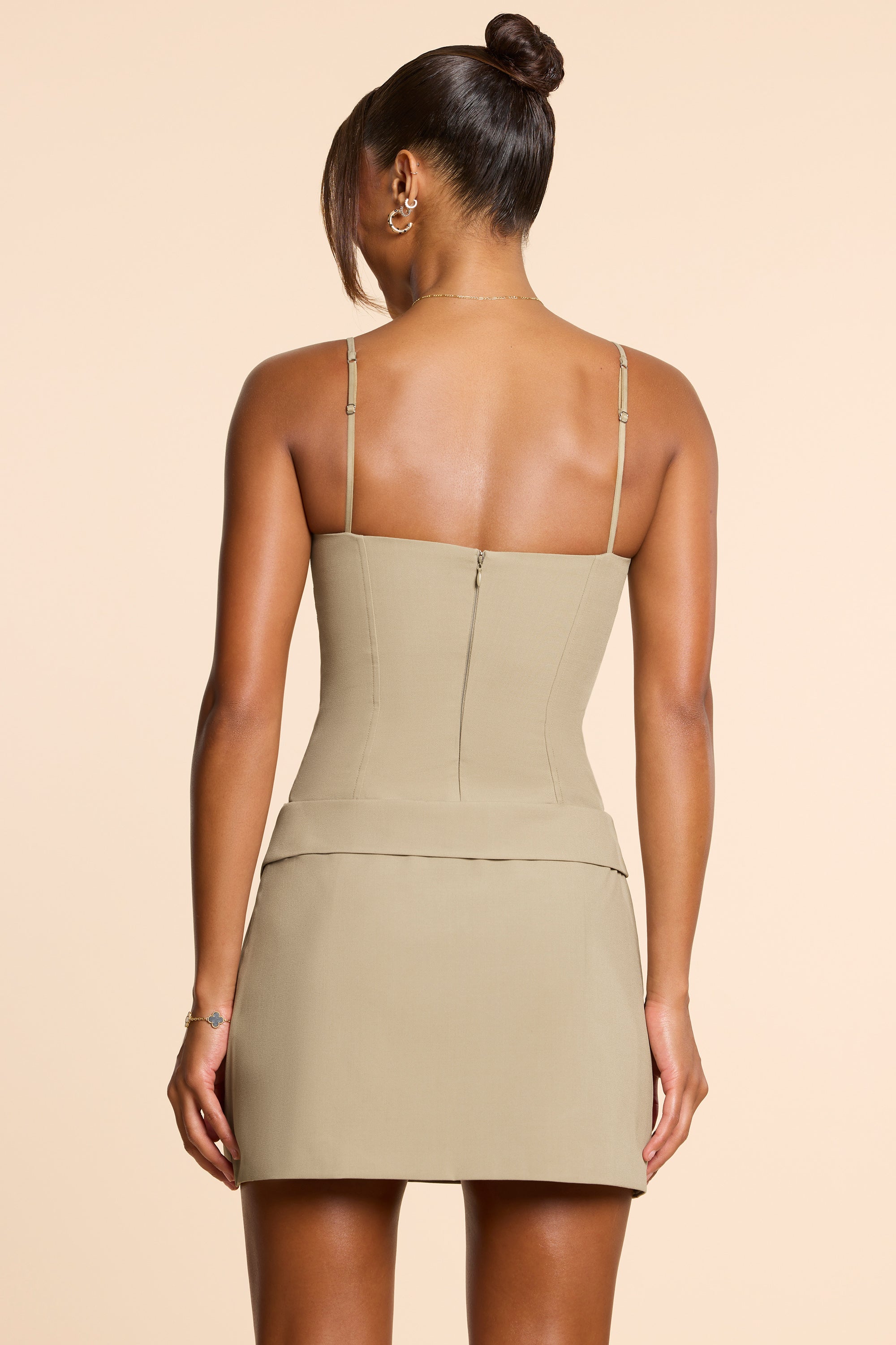 Bruna Woven Twill Wrap Over Pleated Mini Dress in Taupe - Image 2