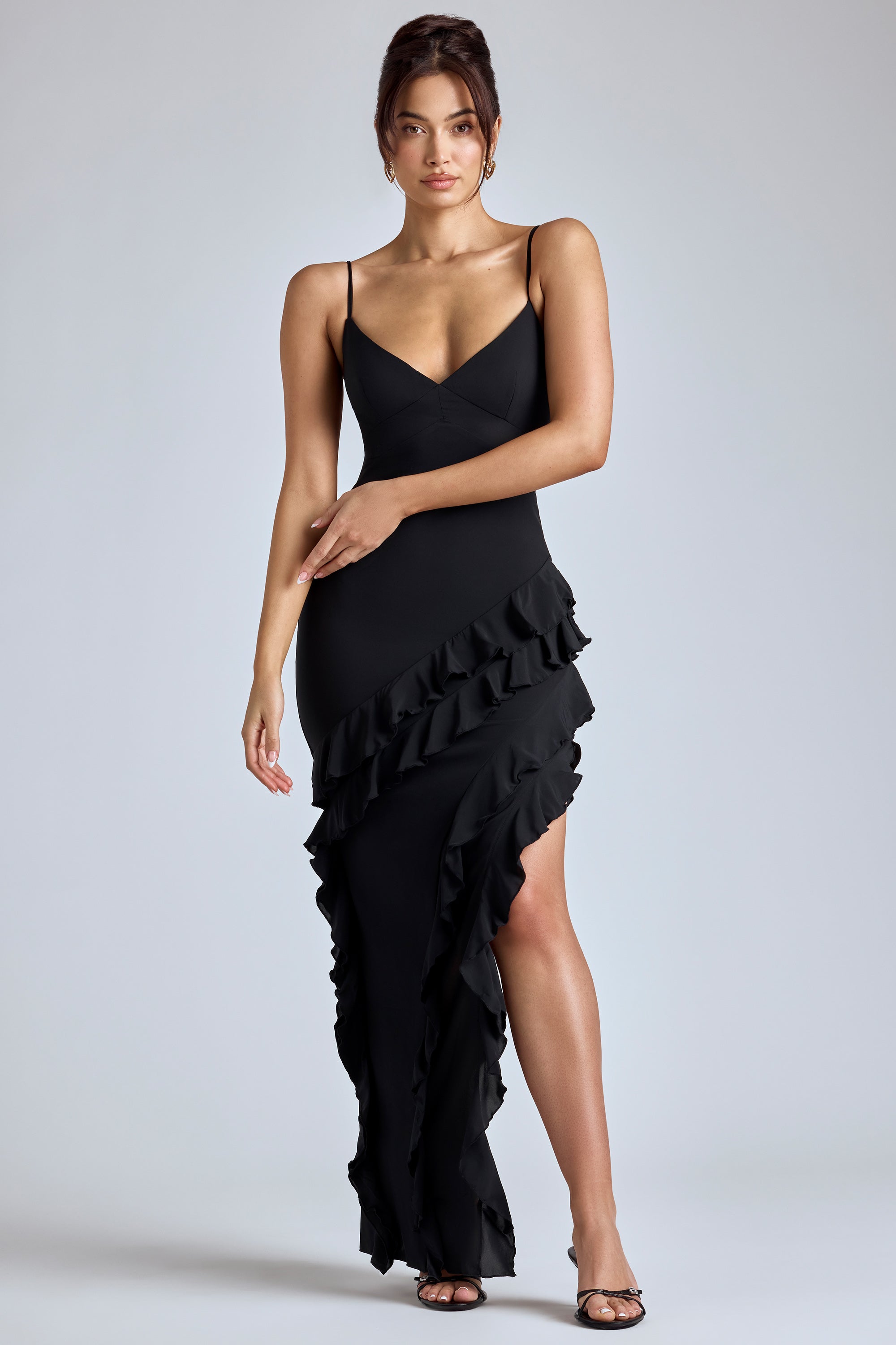 Aurelie Panelled Ruffle Evening Gown in Black - Image 7