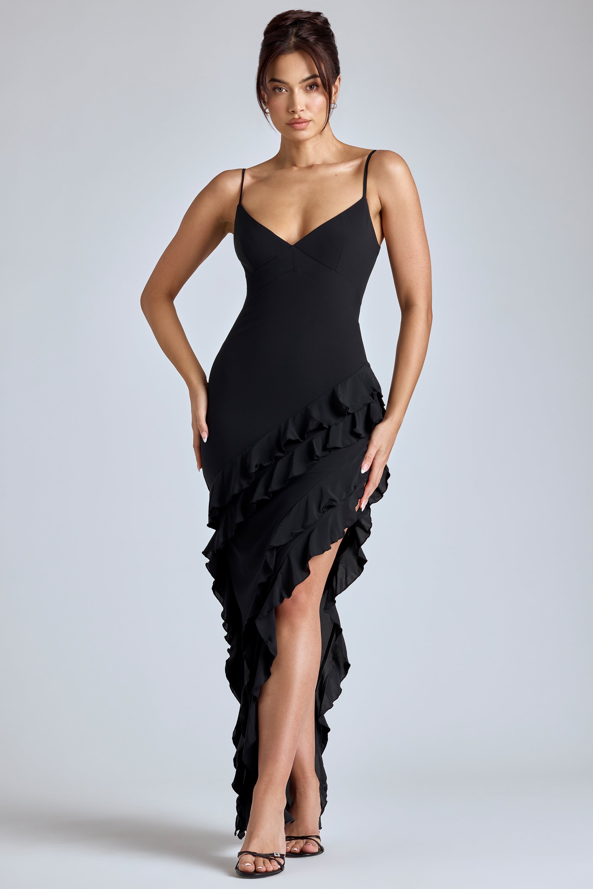 Aurelie Panelled Ruffle Evening Gown in Black
