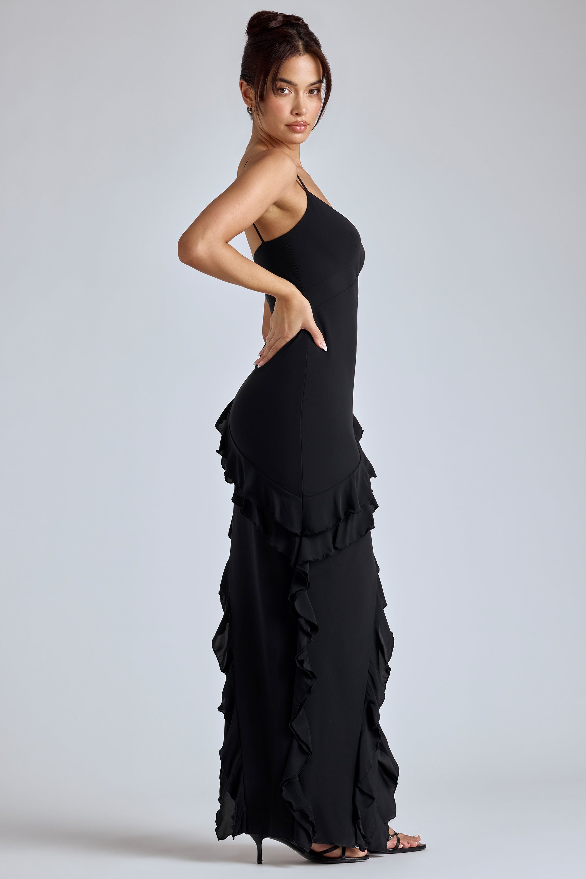 Aurelie Panelled Ruffle Evening Gown in Black - Image 3