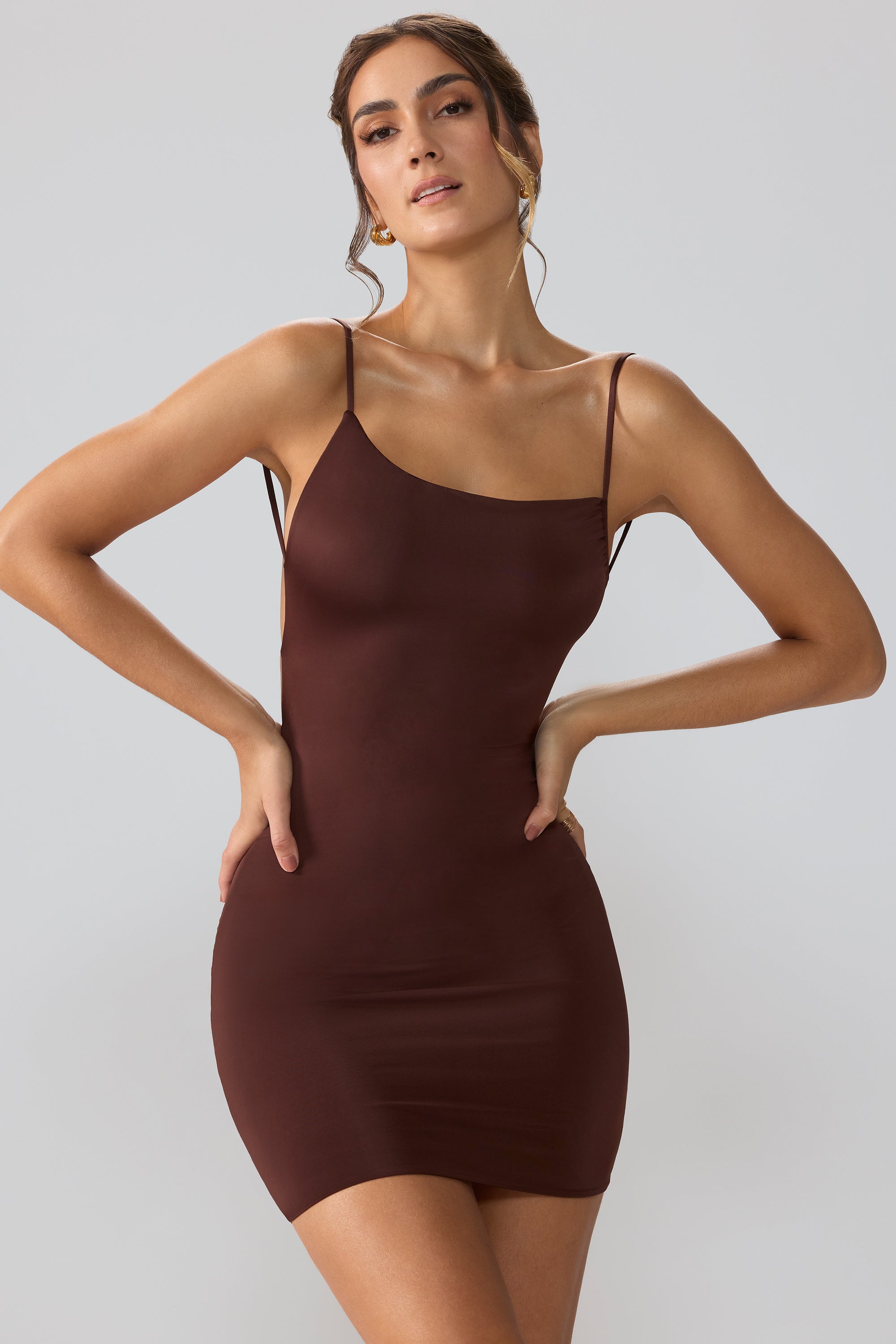 Orli Slinky Jersey Asymmetric Neckline Open Back Mini Dress in Brown - Image 7