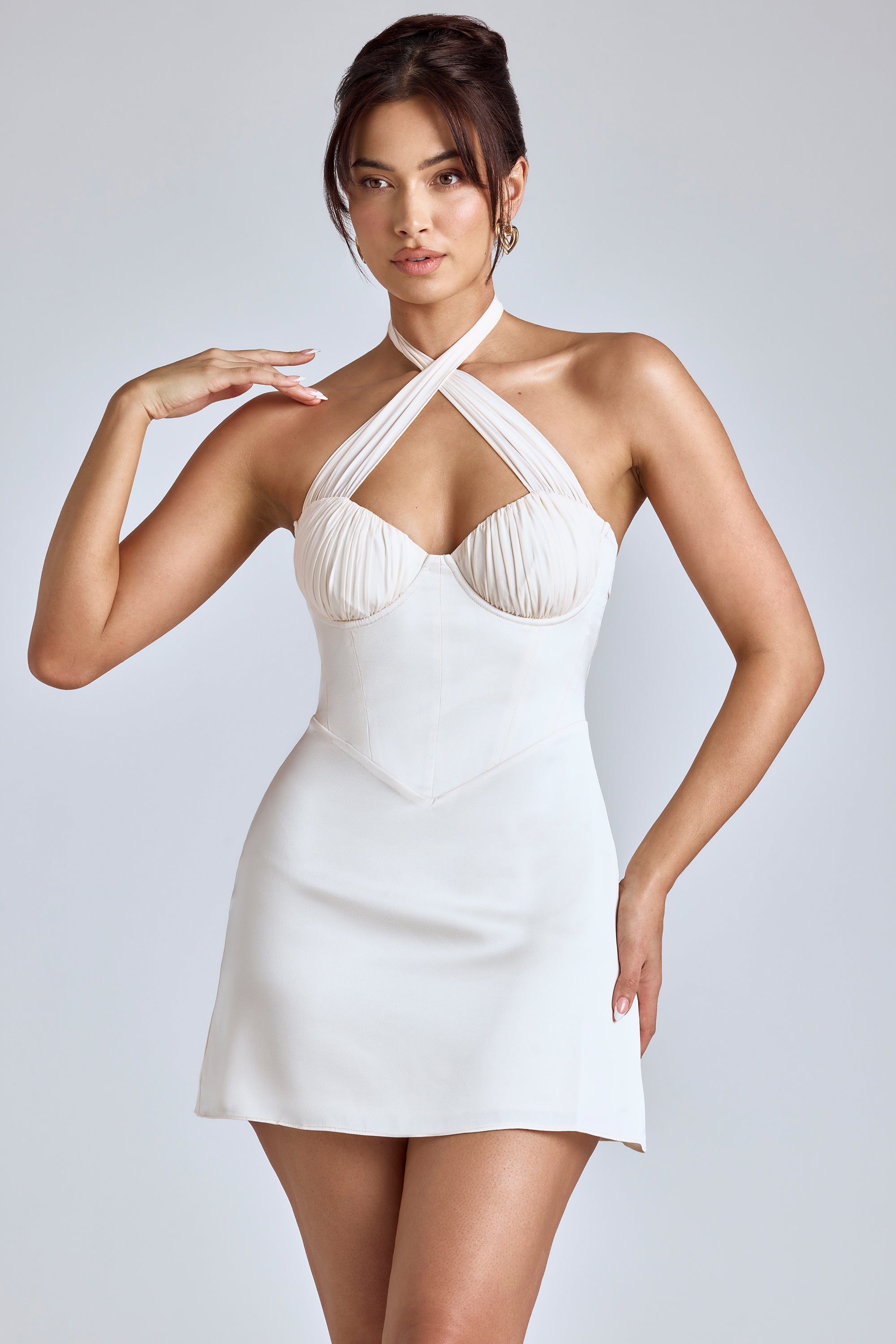 Lisbeth Cross-Neck A-Line Mini Dress in Ivory - Image 6