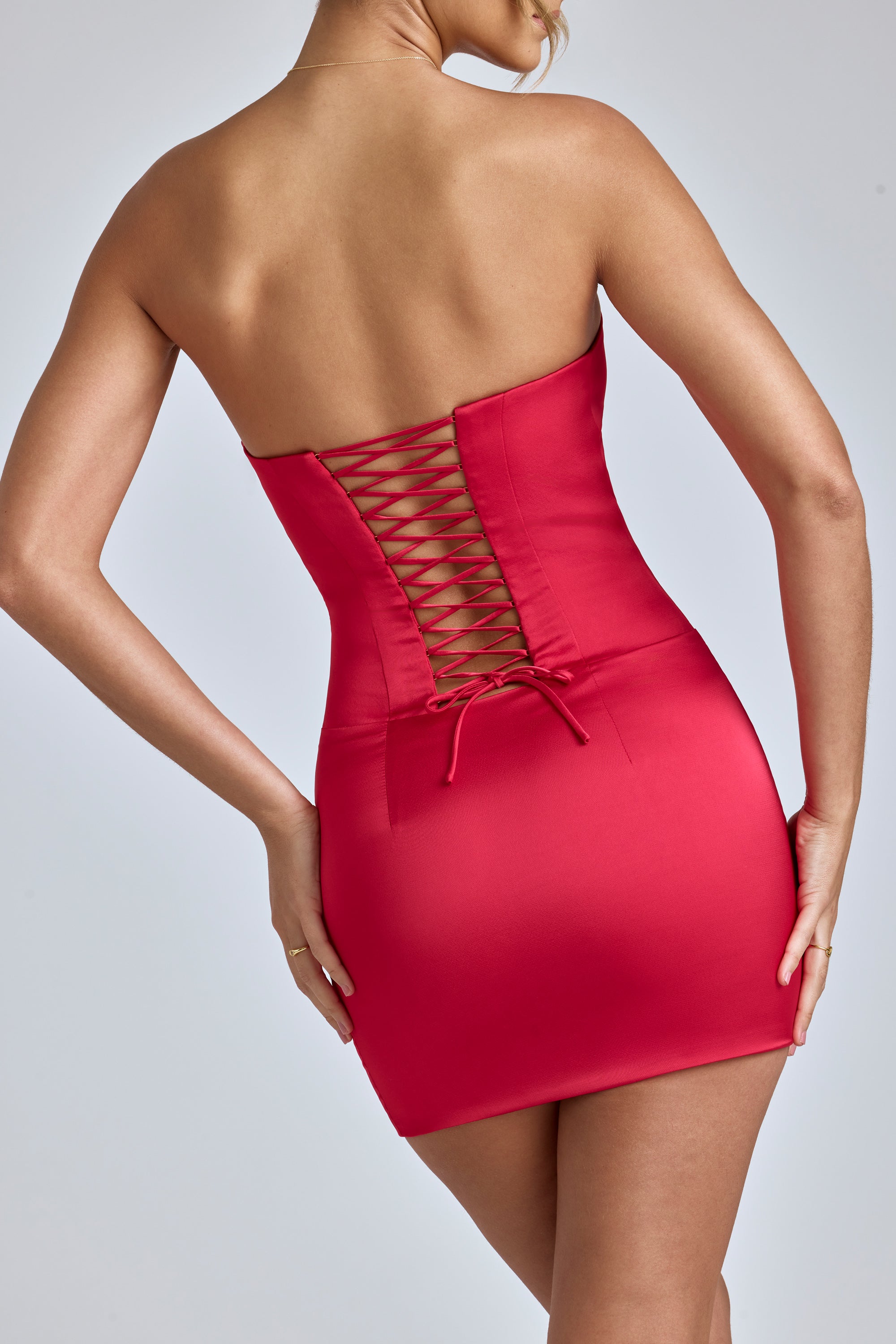 Adelaide Lace-Up Corset Mini Dress in Cherry Red - Image 2