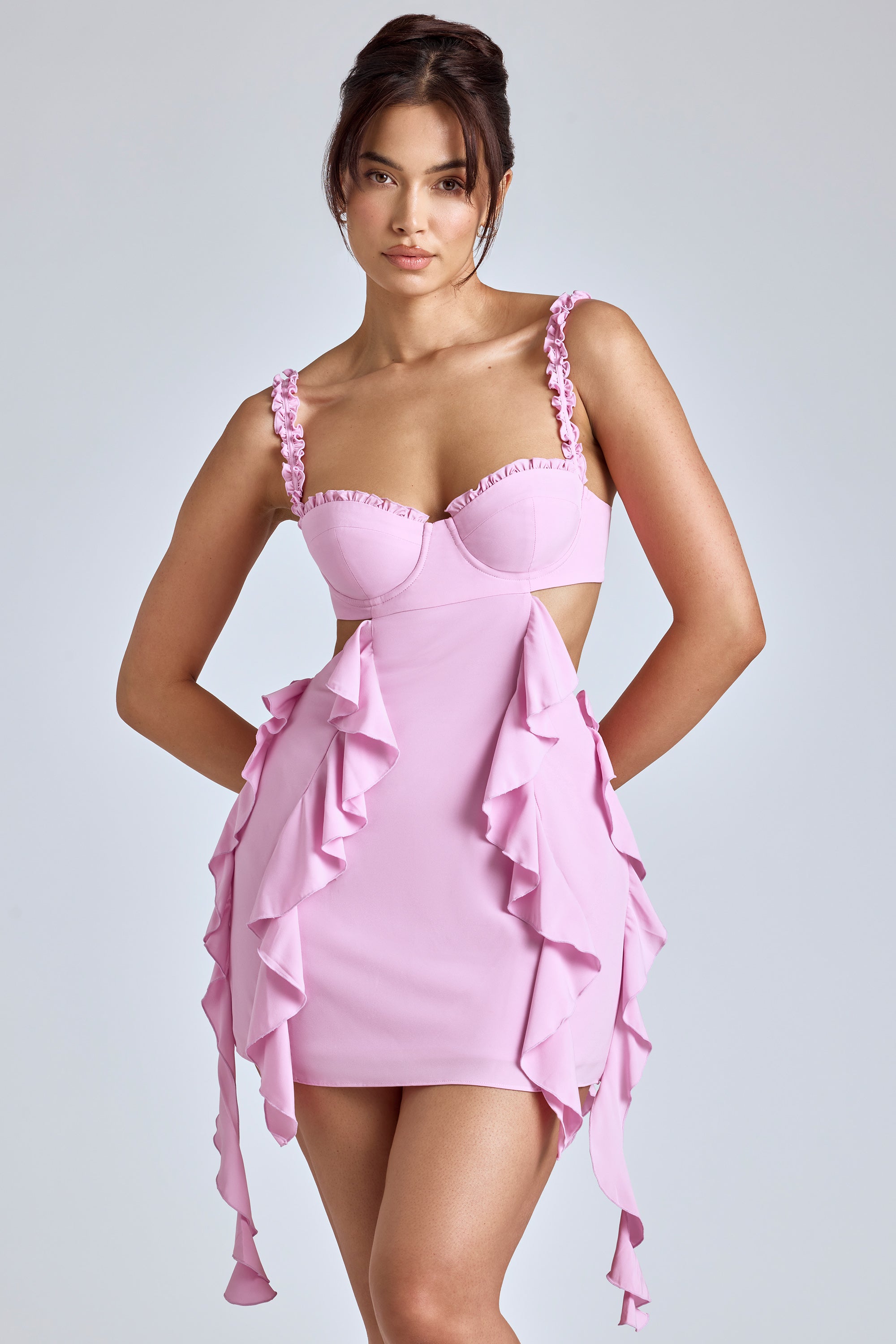 Evalia Panelled Ruffle Mini Dress in Baby Pink