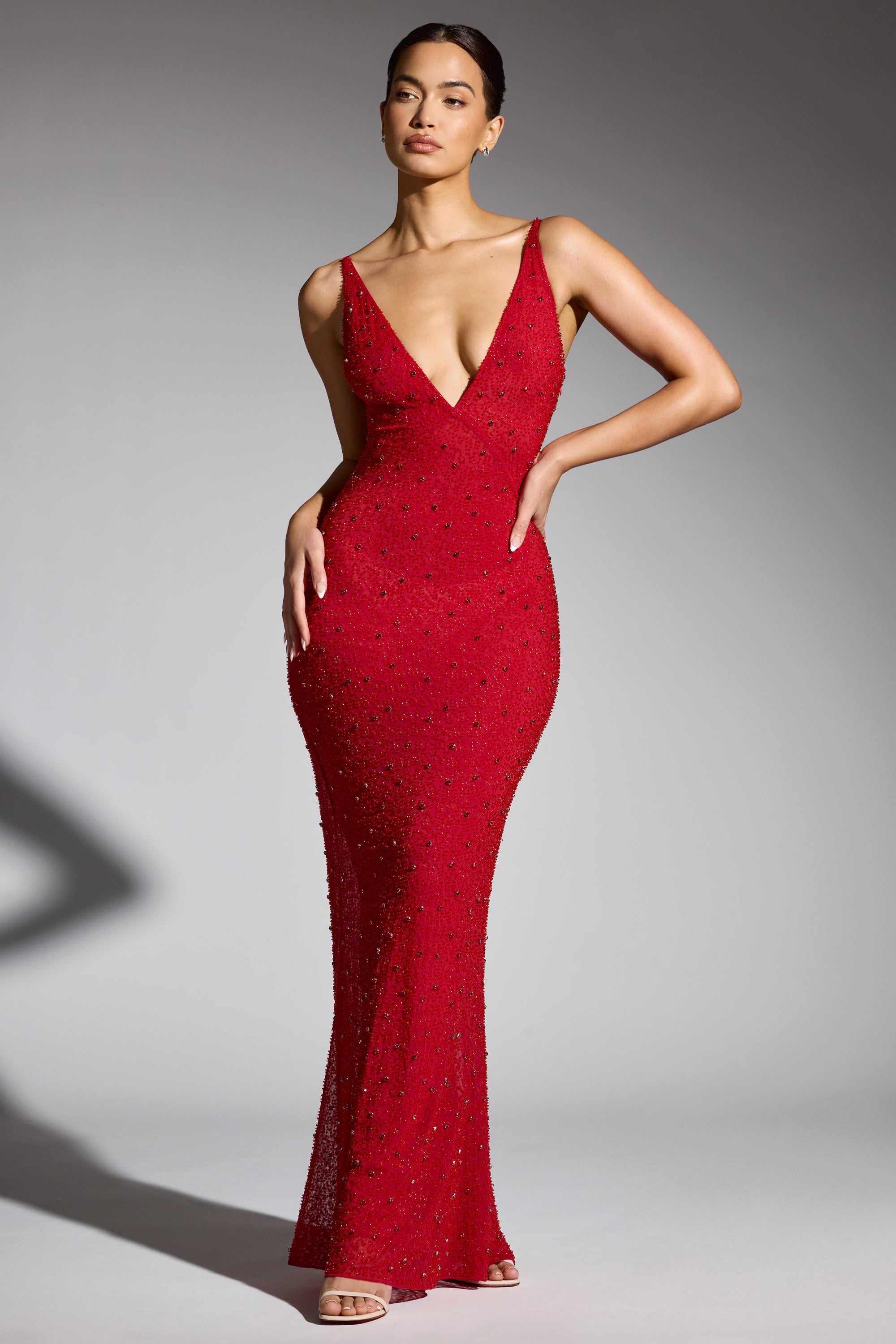 Colmar Embellished Plunge Neck Evening Gown in Red - Image 2